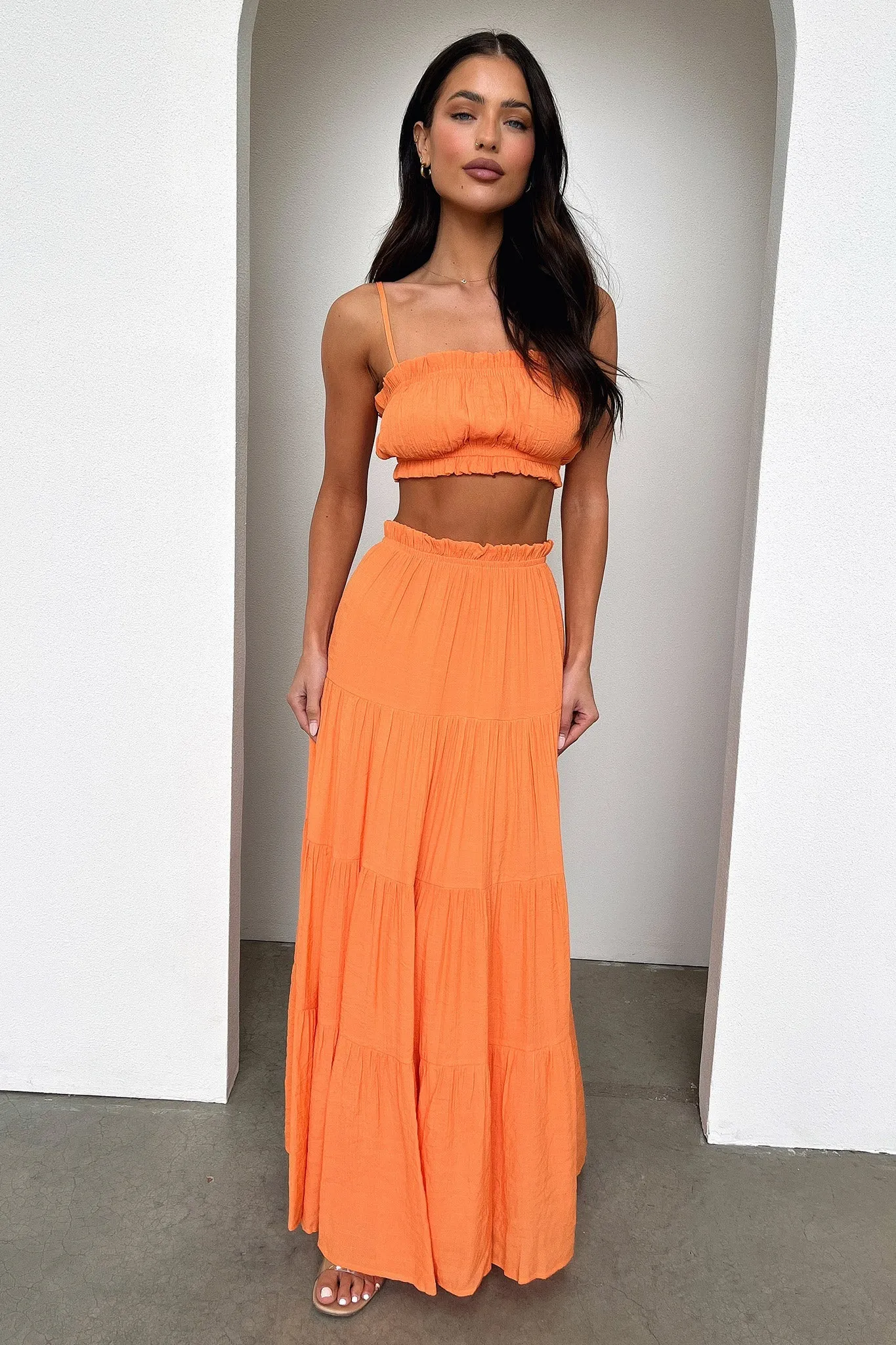 Selina Tiered Maxi Skirt - Orange Mini length