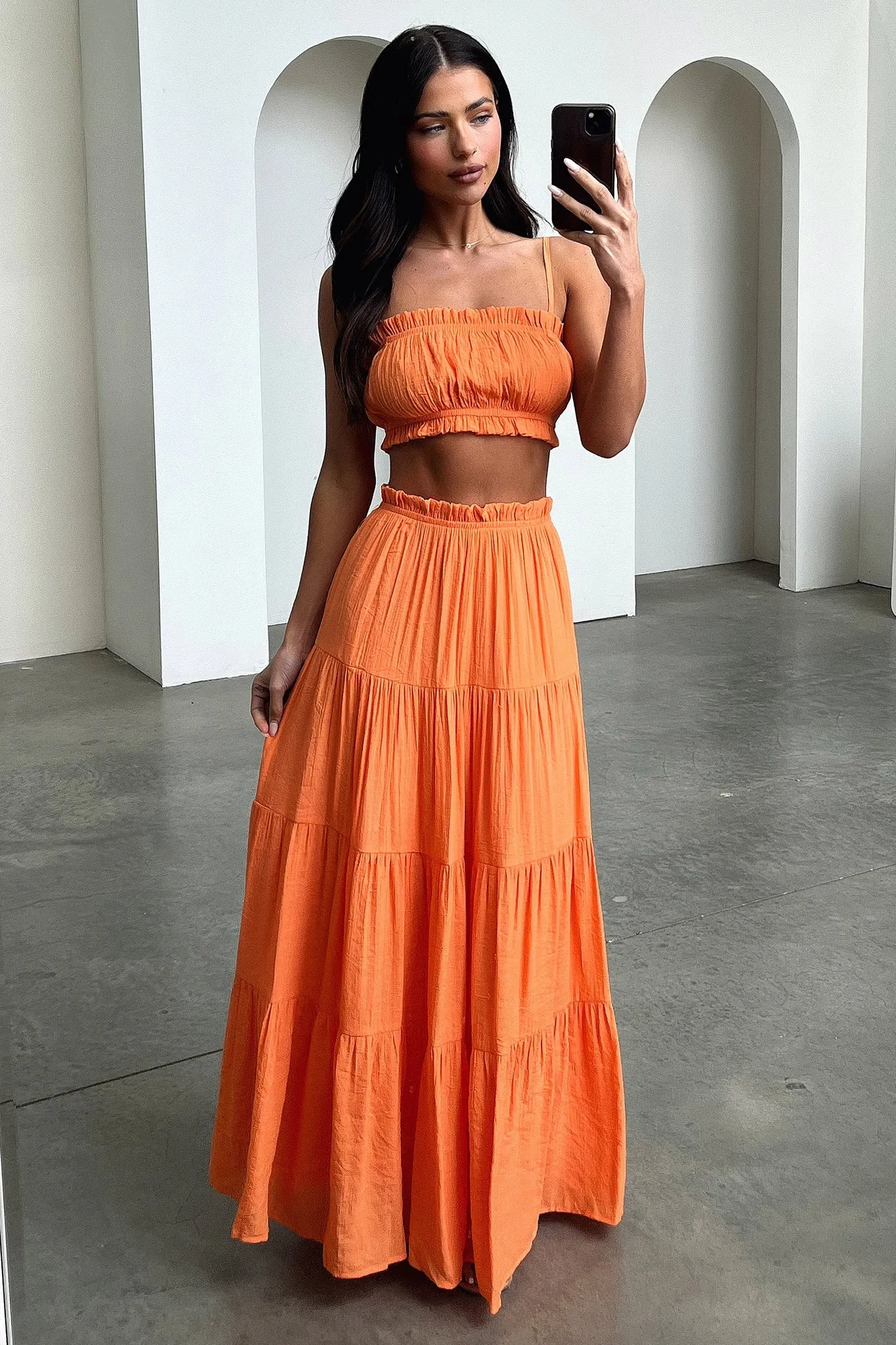 Button Details Selina Tiered Maxi Skirt - Orange
