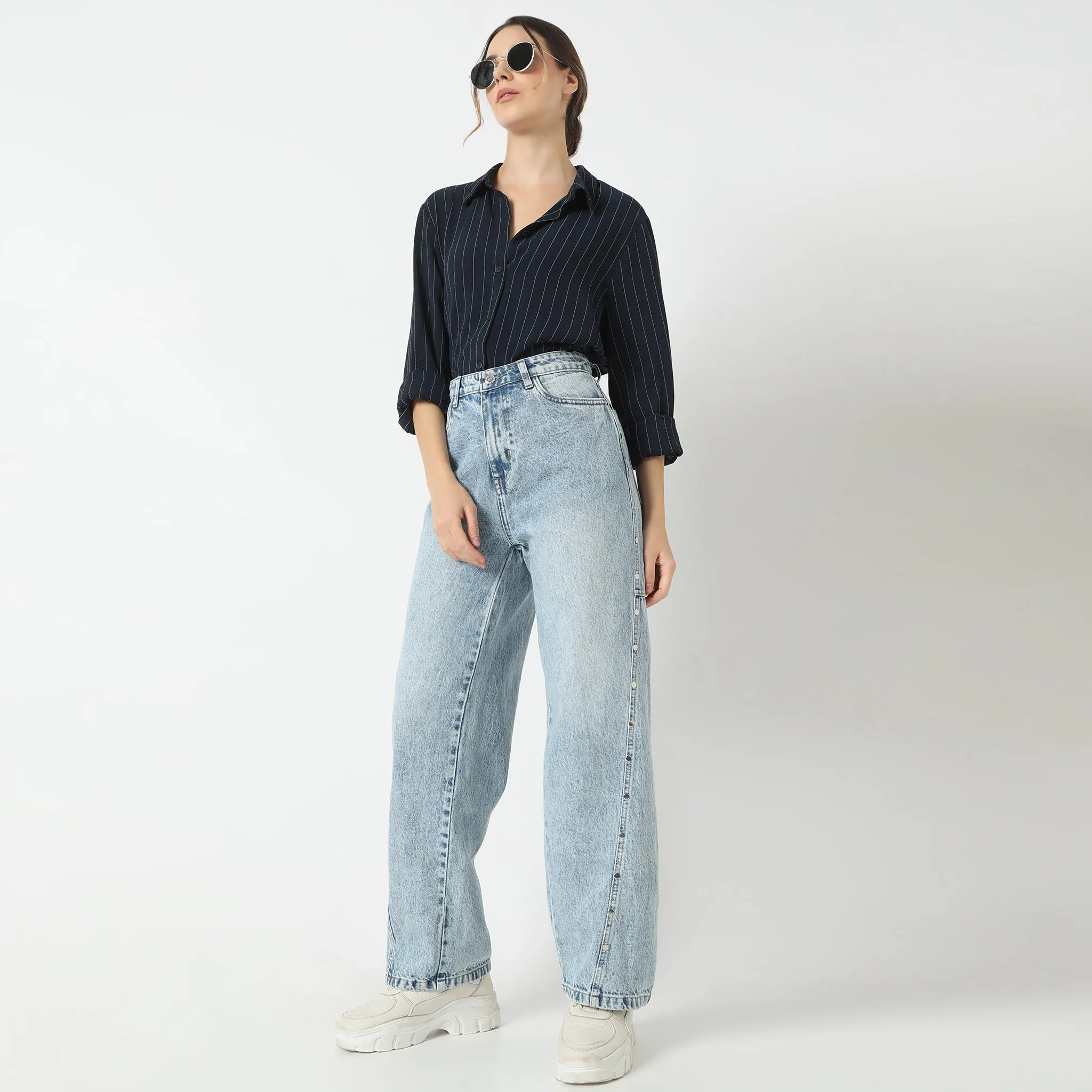 Straight Fit Full Length High Rise Light Wash Denim With Side Rivet Look Jeans Airflow Vents Coastal Chic