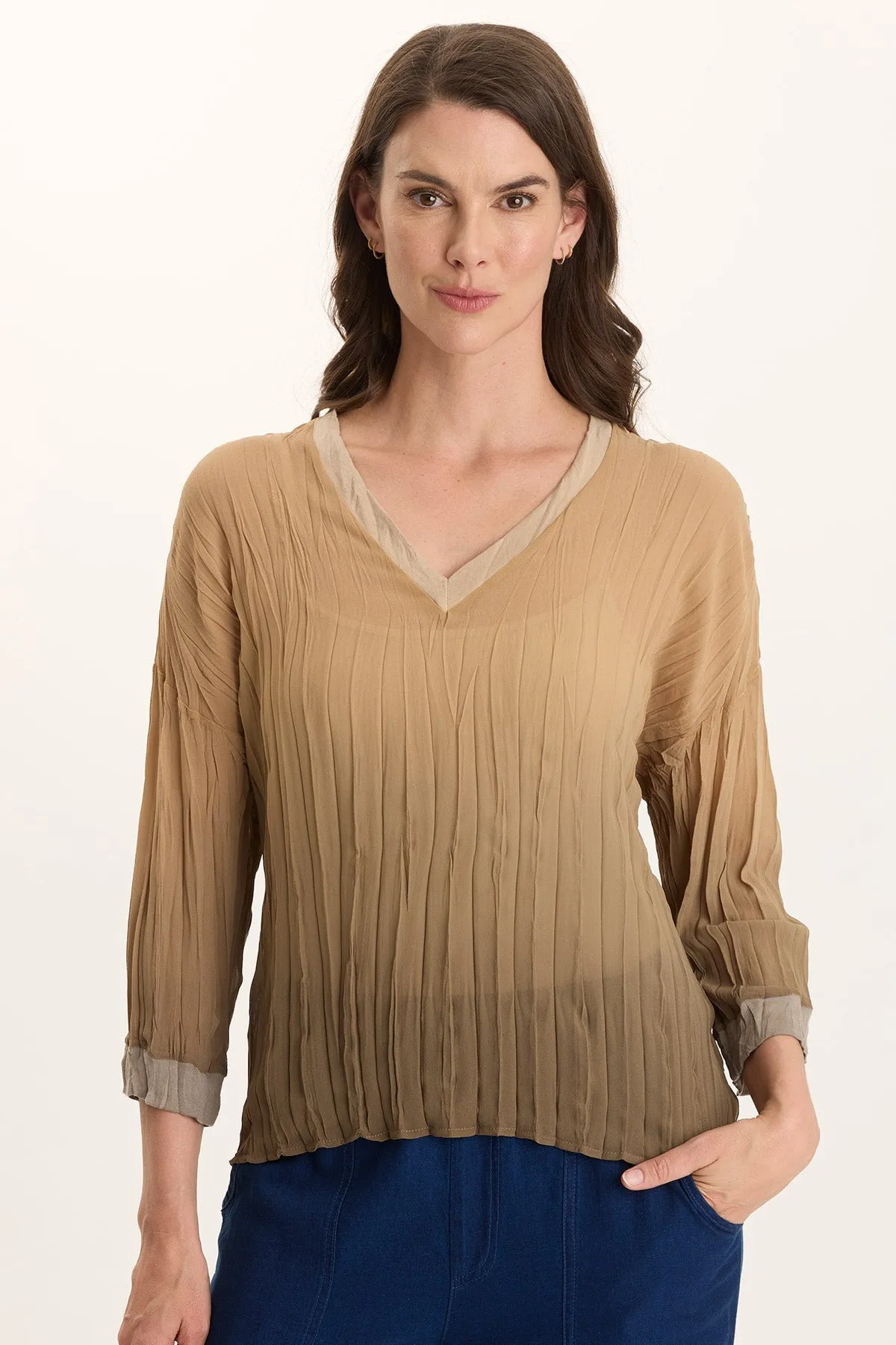 StainRepellentSurface ThermalRegulating Layer Hoyt Crinkle Pleat 3/4-Sleeve V-Neck