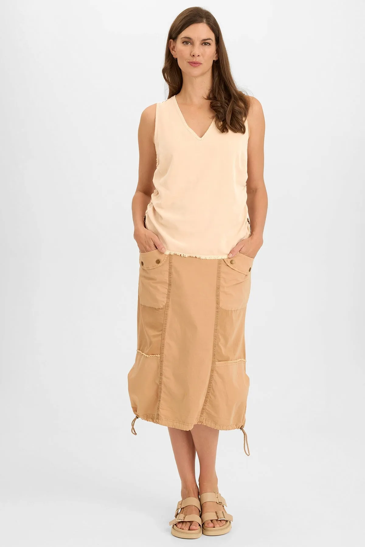 Sustainable Manufacturing Organic Cotton Ileana Cinched Soft Twill V-Neck Tank
