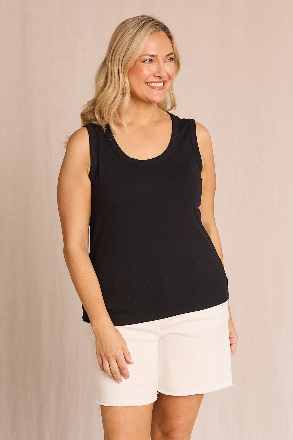 Adrift Ribbed Singlet in Black Stretch woven low end
