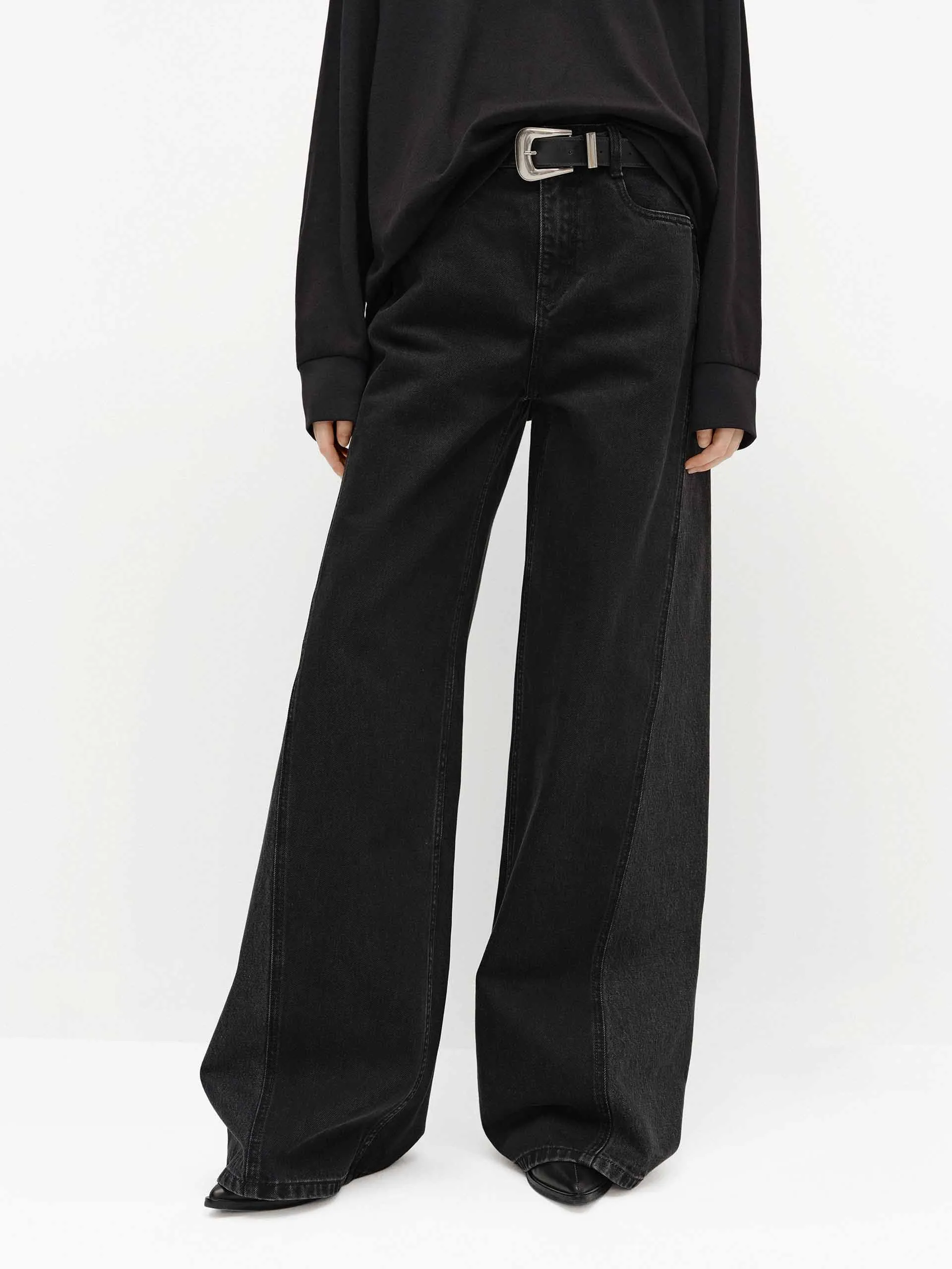 Paneled Wide Leg Jeans Minimalist Pocket Design Neutral Style