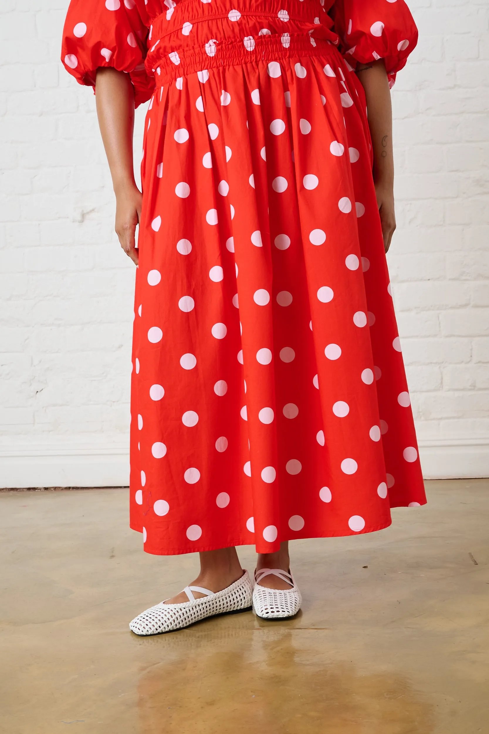 Dust Proof Fabric Cotton Maxi Skirt in Pink Spot