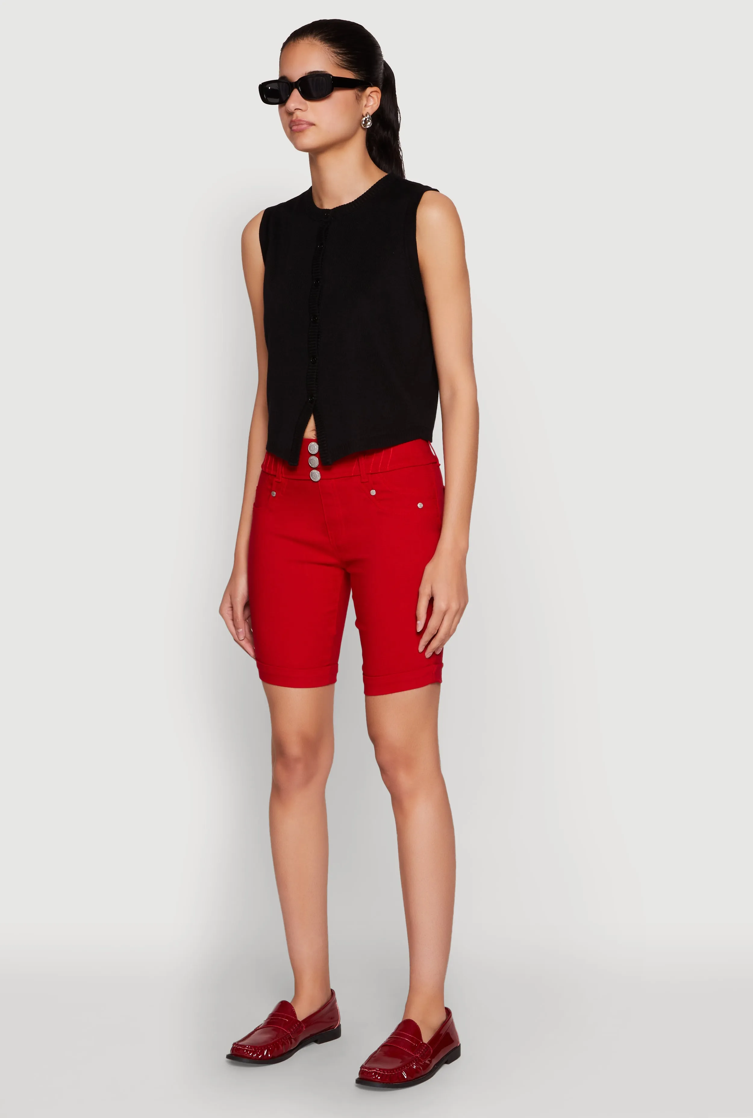 Hyper Stretch Faux Button Bermuda Shorts Chic Comfort