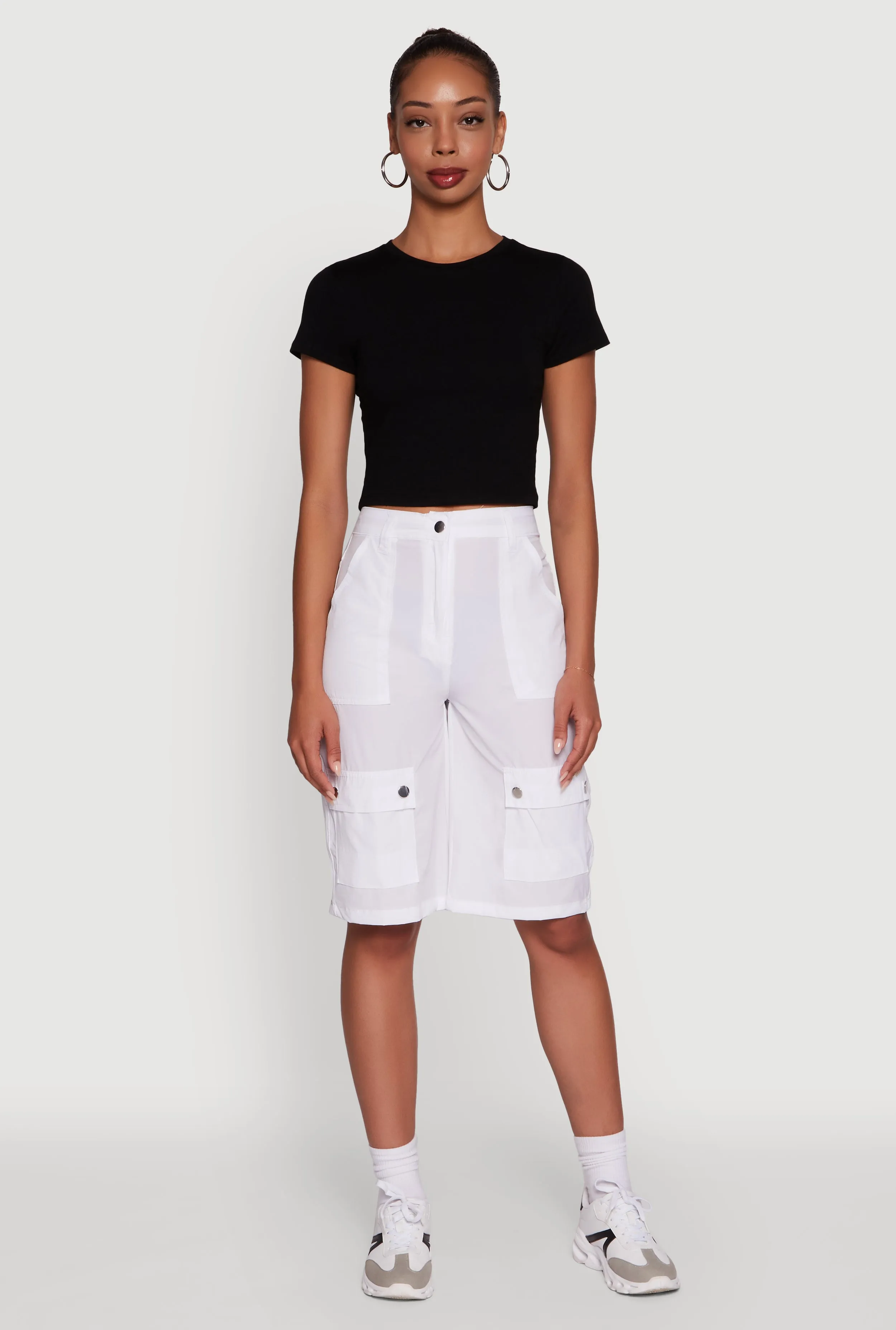 Wrinkle Free Weave Trendy High Waisted Nylon Cargo Shorts