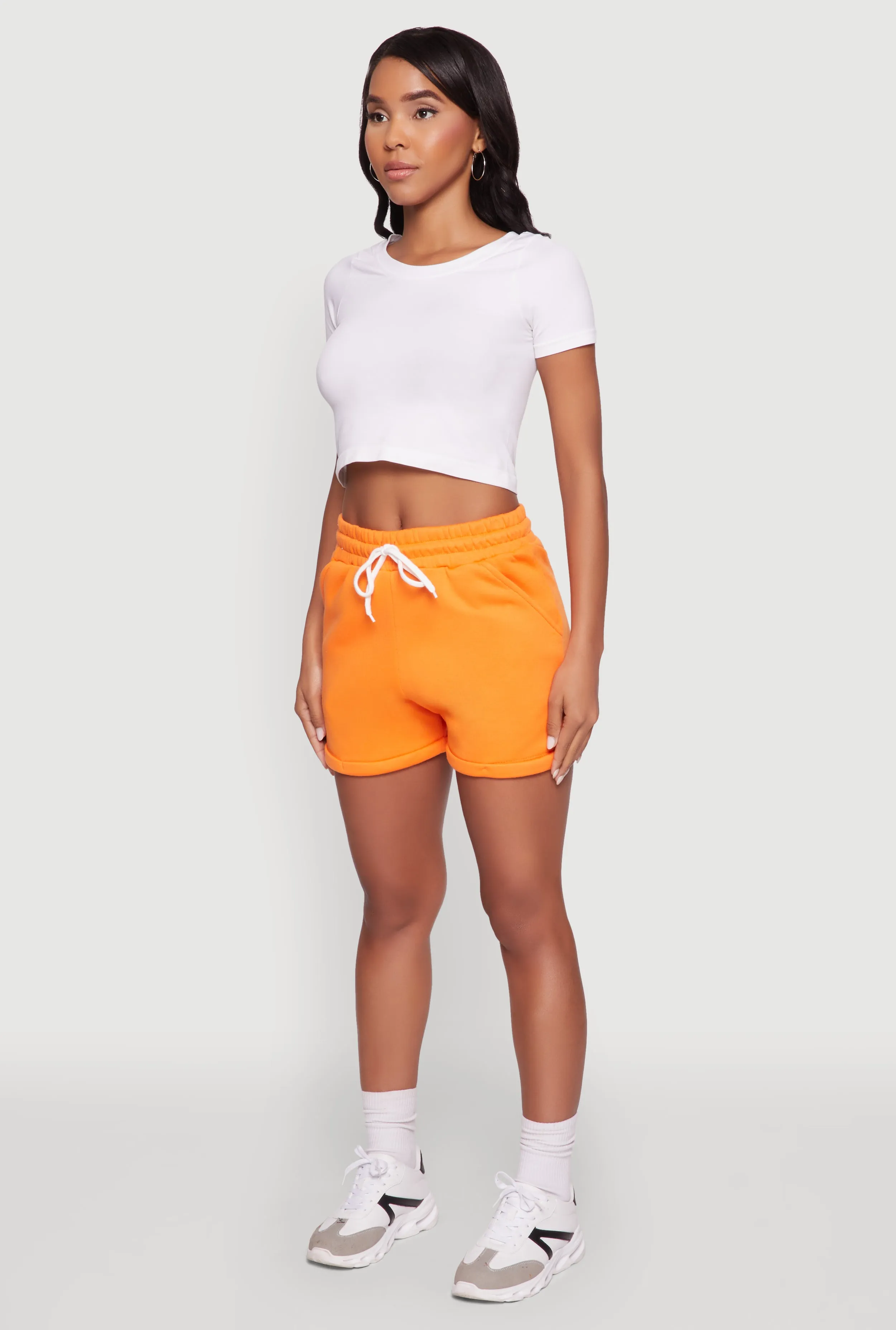 Faux Leather Chic Drawstring High Waisted Sweatshorts with Fixed Cuffs
