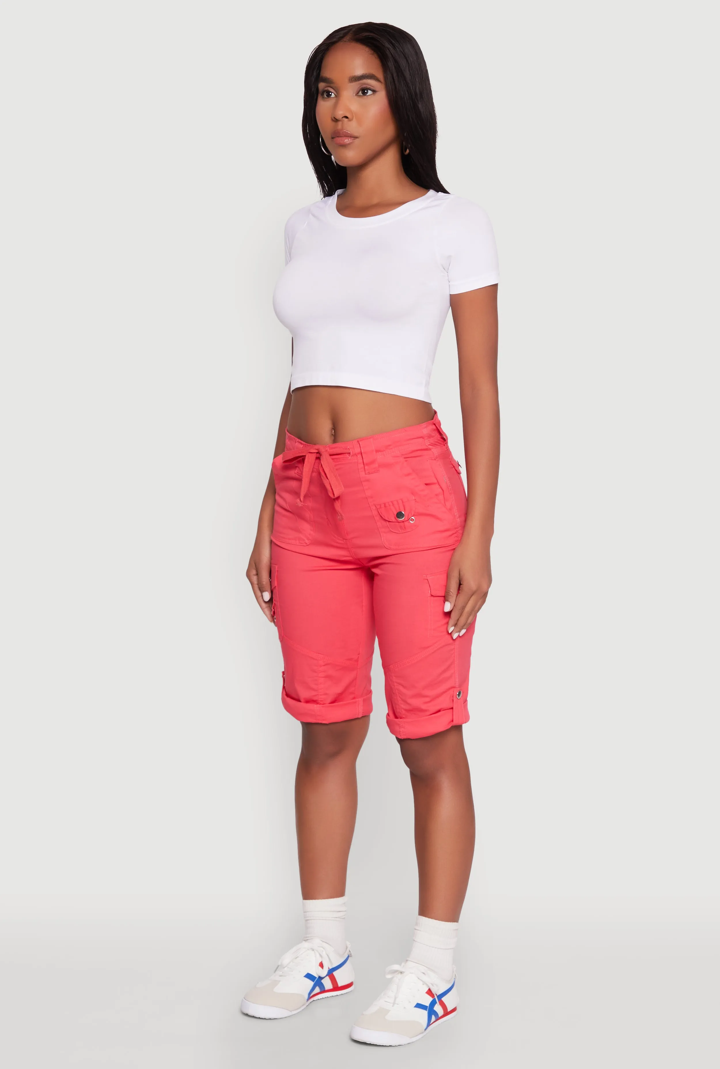 Faux Drawstring Waist Cargo Bermuda Shorts Four Way Stretch Fabric