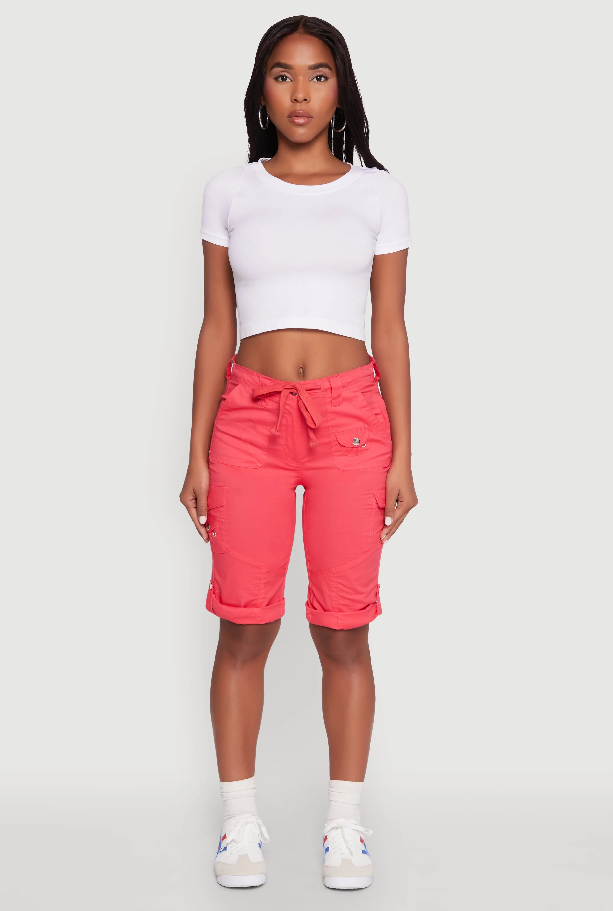 UV Protection Fabric Faux Drawstring Waist Cargo Bermuda Shorts