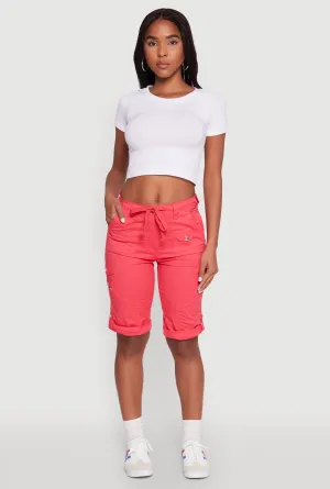 Faux Drawstring Waist Cargo Bermuda Shorts Breathable Side Vents