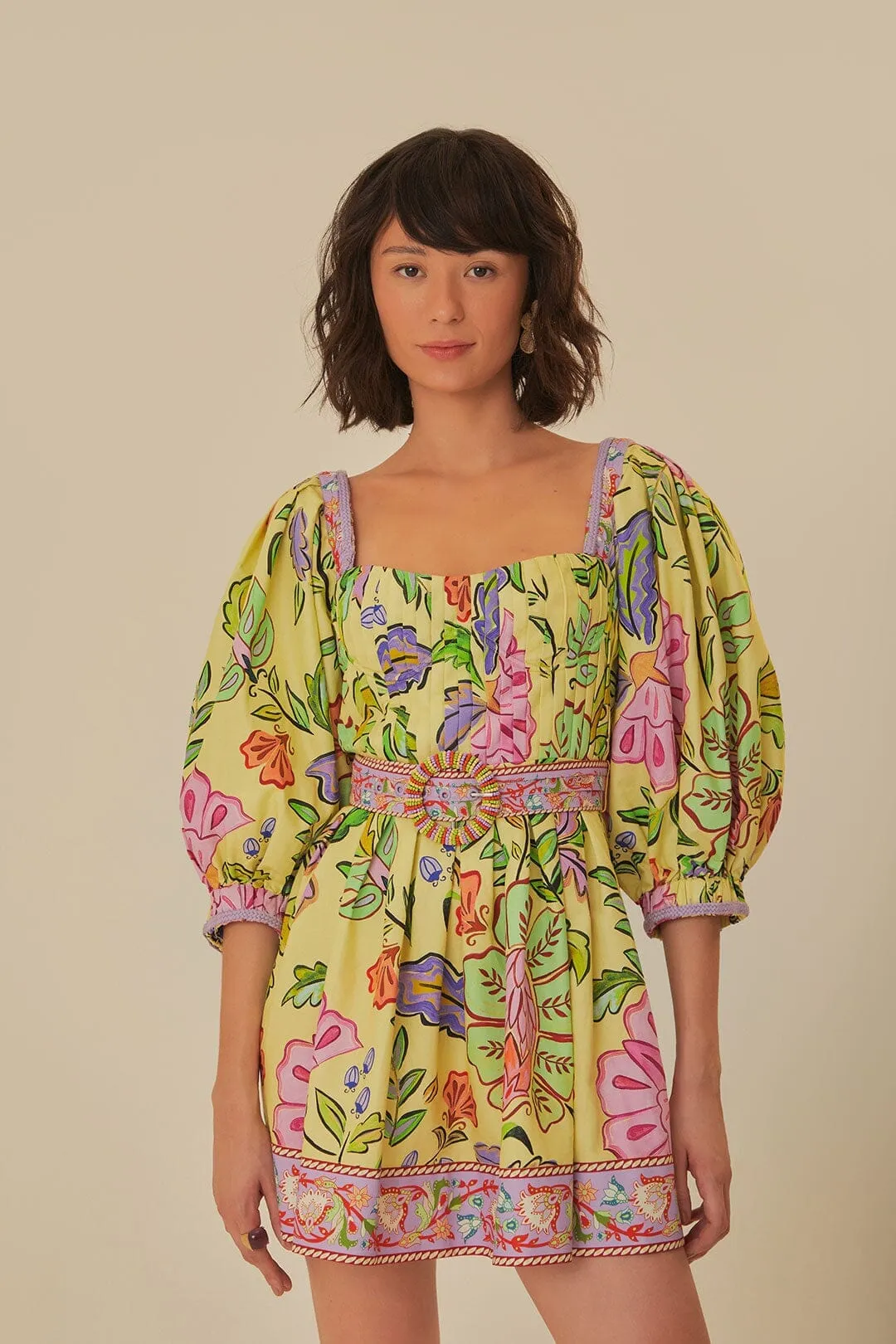 Yellow Floral Insects Short Sleeves Mini Dress On The Go Look Urban Rush
