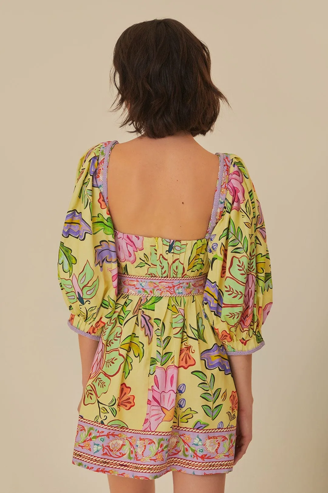Yellow Floral Insects Short Sleeves Mini Dress Cozy Fashion Wear