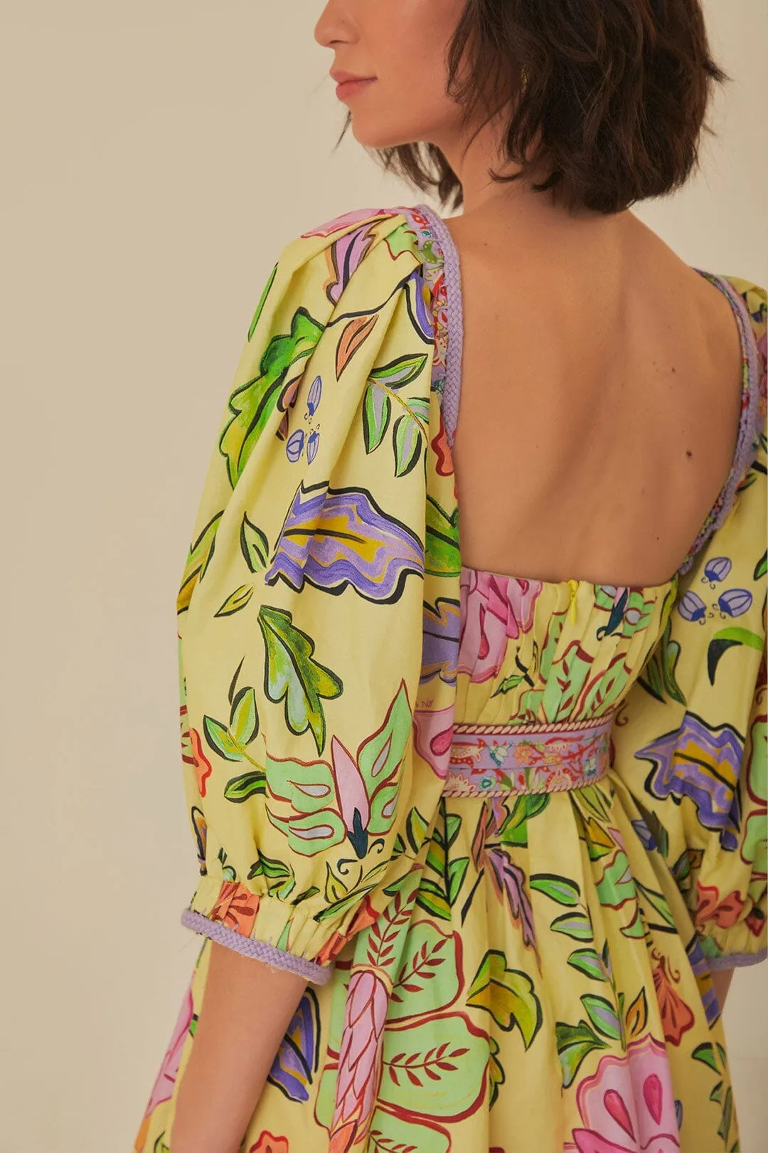 Yellow Floral Insects Short Sleeves Mini Dress Romantic Vibes Dress for warm weather
