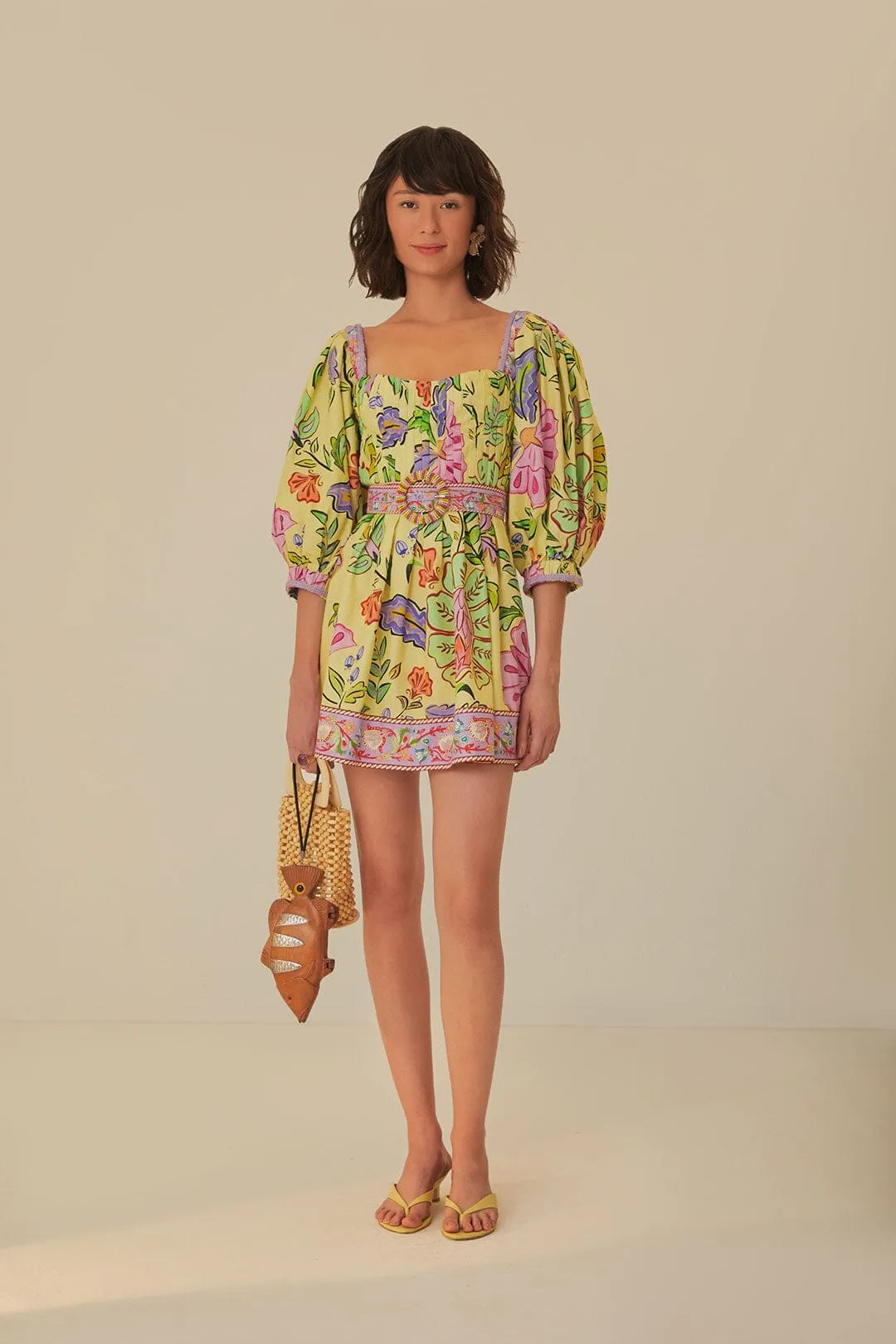 Yellow Floral Insects Short Sleeves Mini Dress Beat Warm