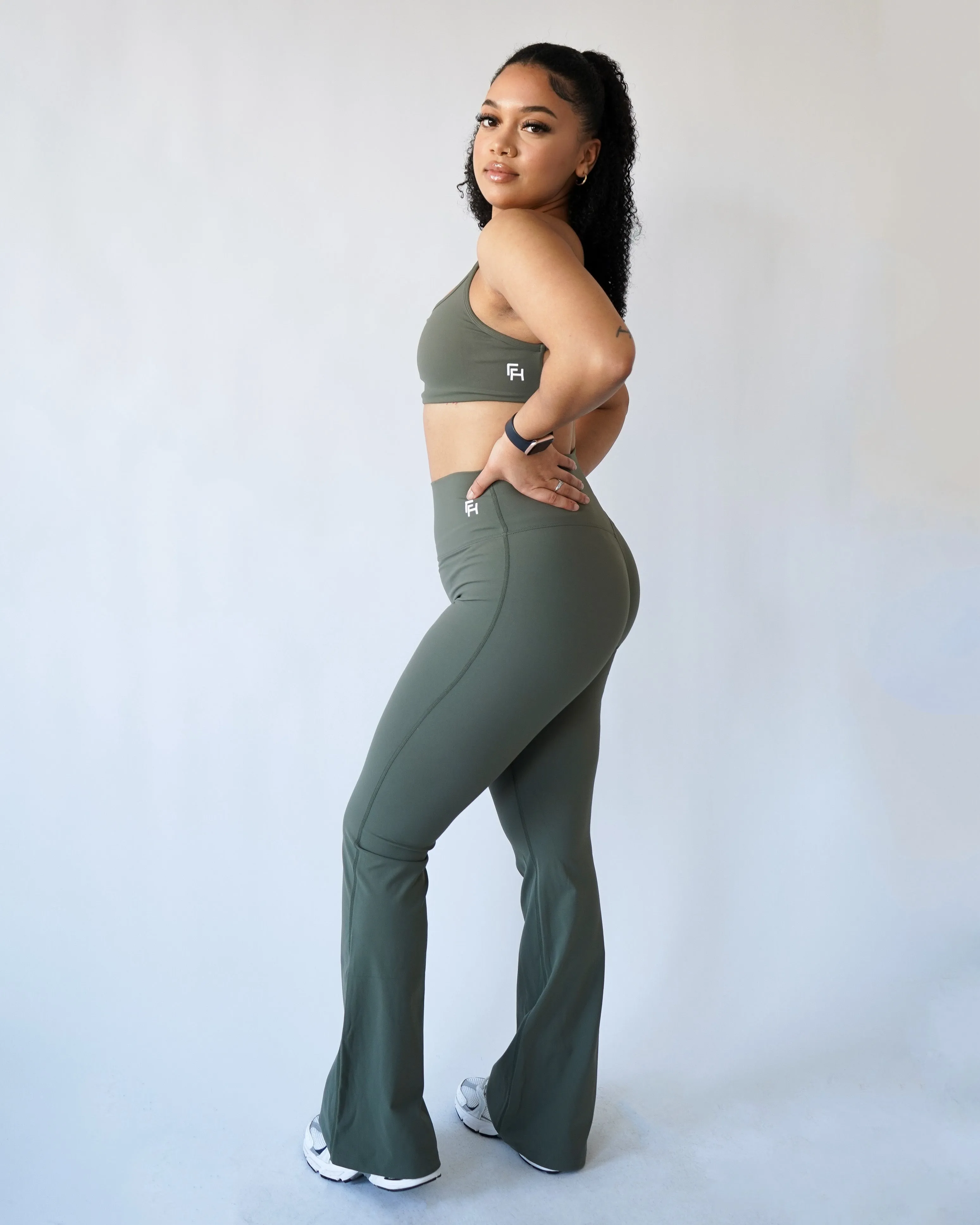 Performance Flare Leggings - Olive Friction Resistant For Adults Wrinkle Resistant