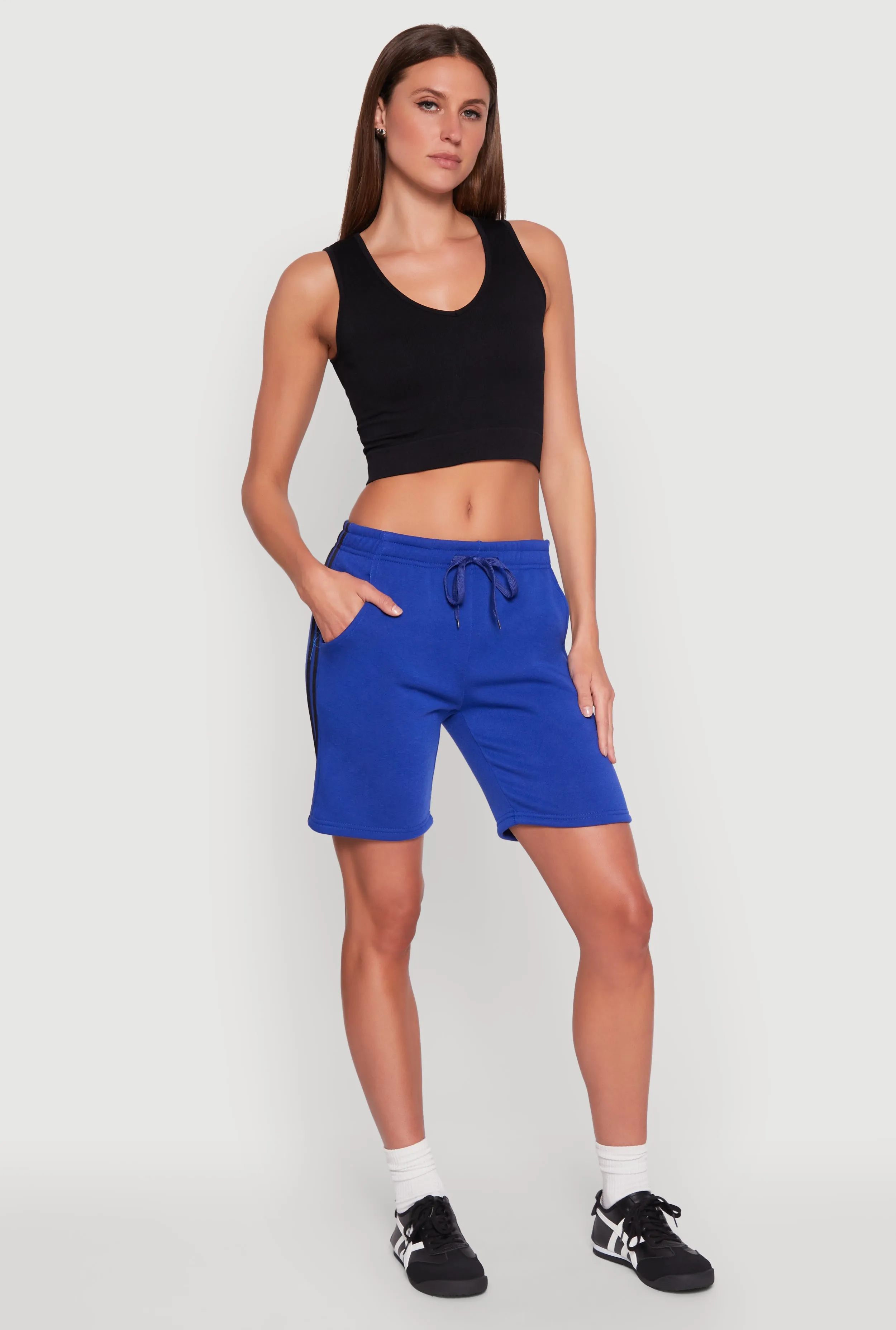 Linen blend Vented Hem Details Varsity Stripe Sweatshorts