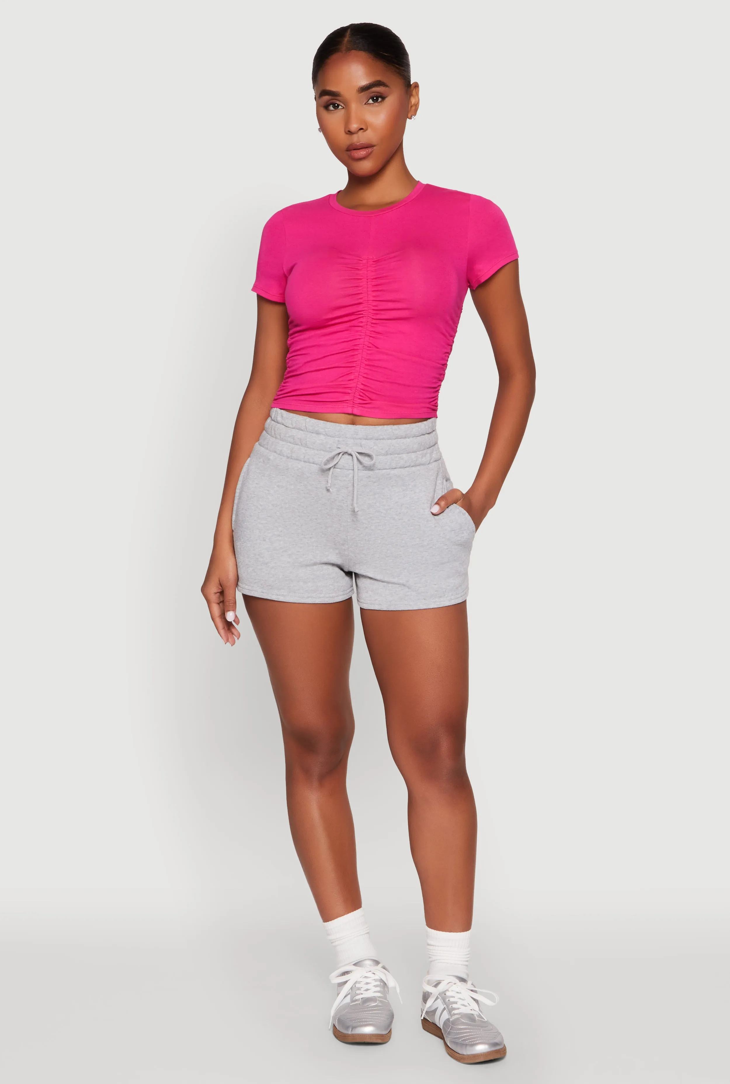 Ruched Crew Neck Cropped Tee Breathable Cotton Fabric