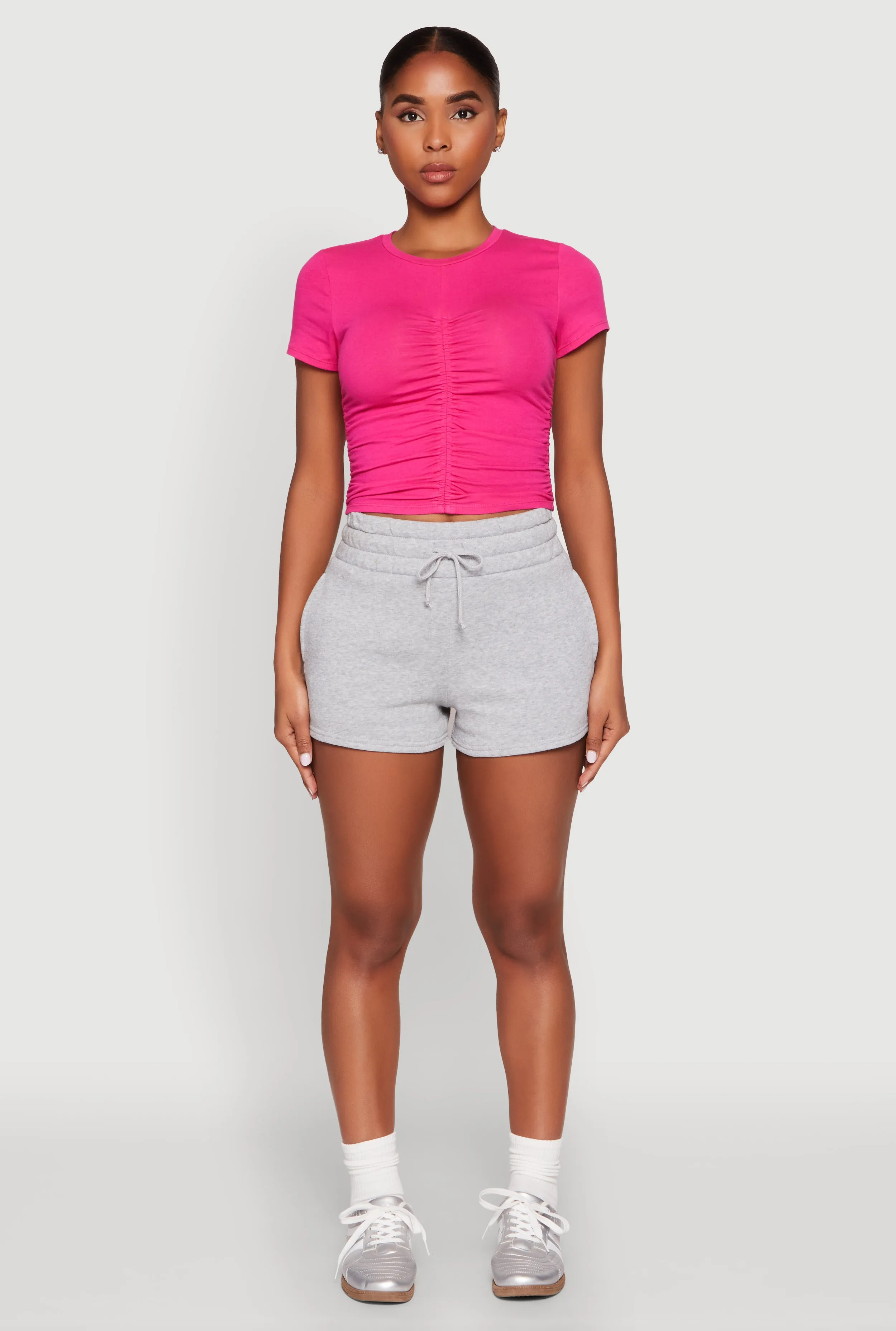 Soft touch finish Stylish Comfort Ruched Crew Neck Cropped Tee