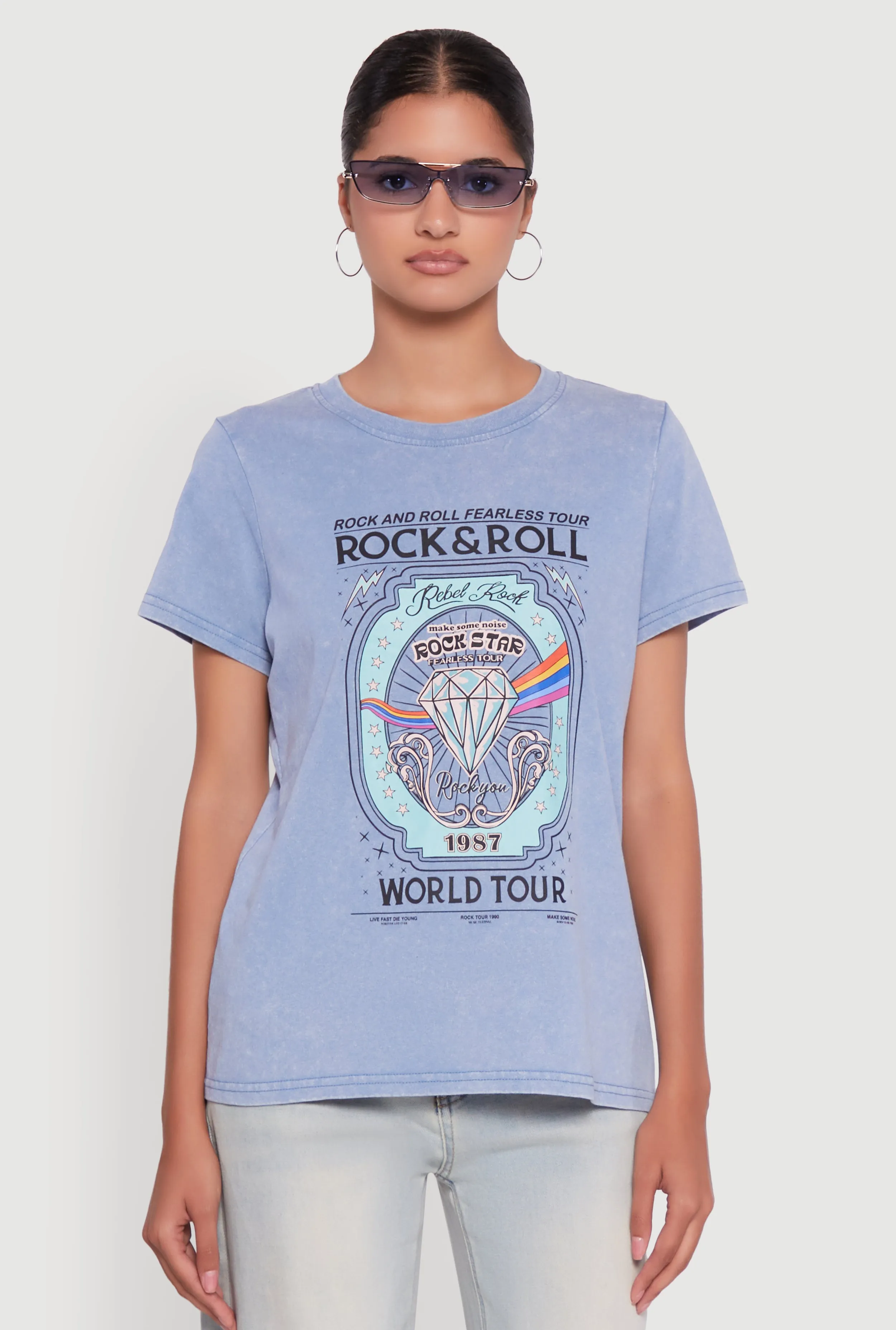 Denim combination Acid Wash Graphic Rock and Roll Fearless Tour T-Shirt