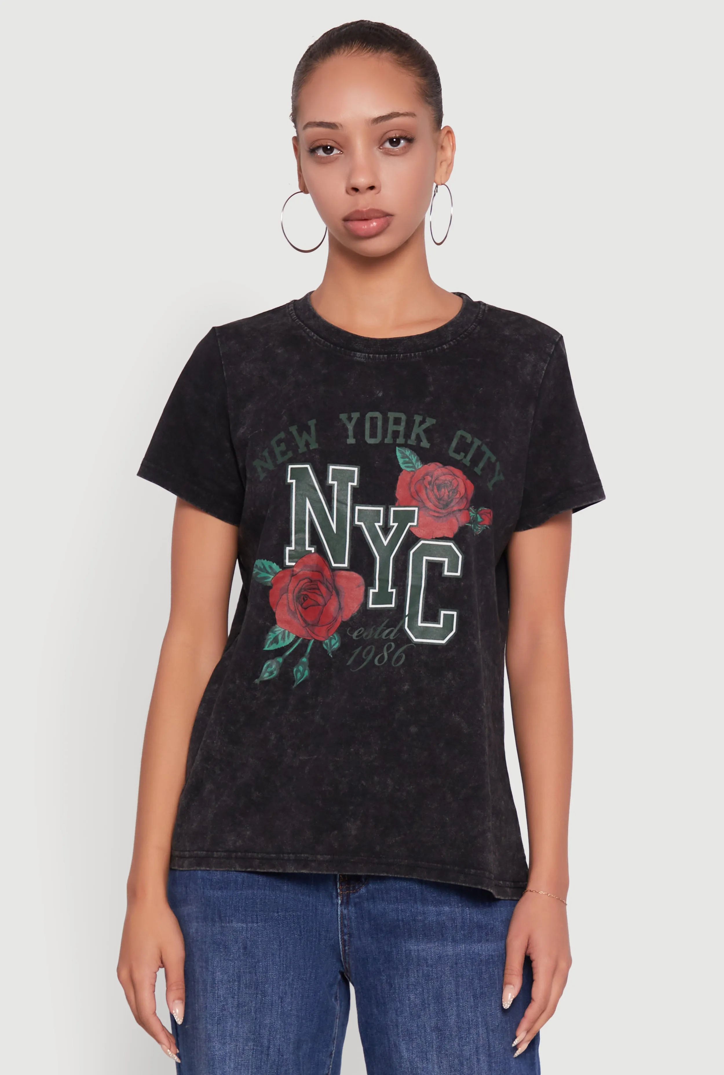 EcoFriendlyMaterial NYC Graphic Rose Print Acid Wash Classic Tee