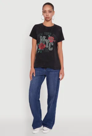 NYC Graphic Rose Print Acid Wash Classic Tee Boat Neck Eco Conscious Production