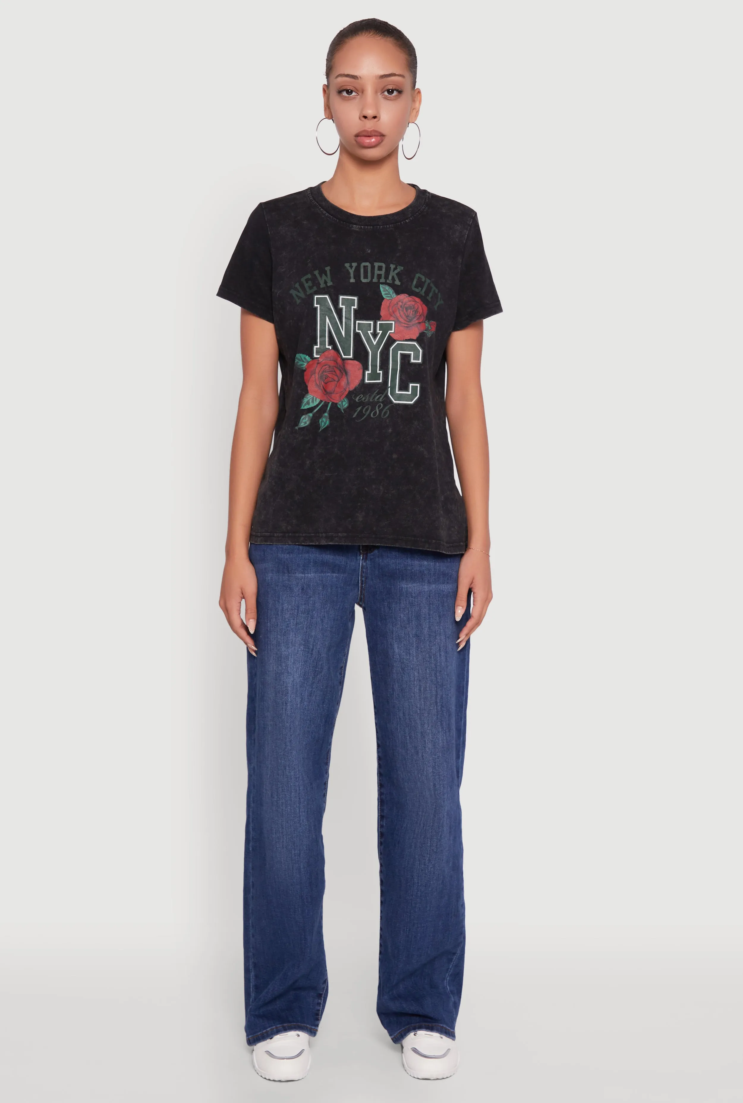 NYC Graphic Rose Print Acid Wash Classic Tee Water Based Ink