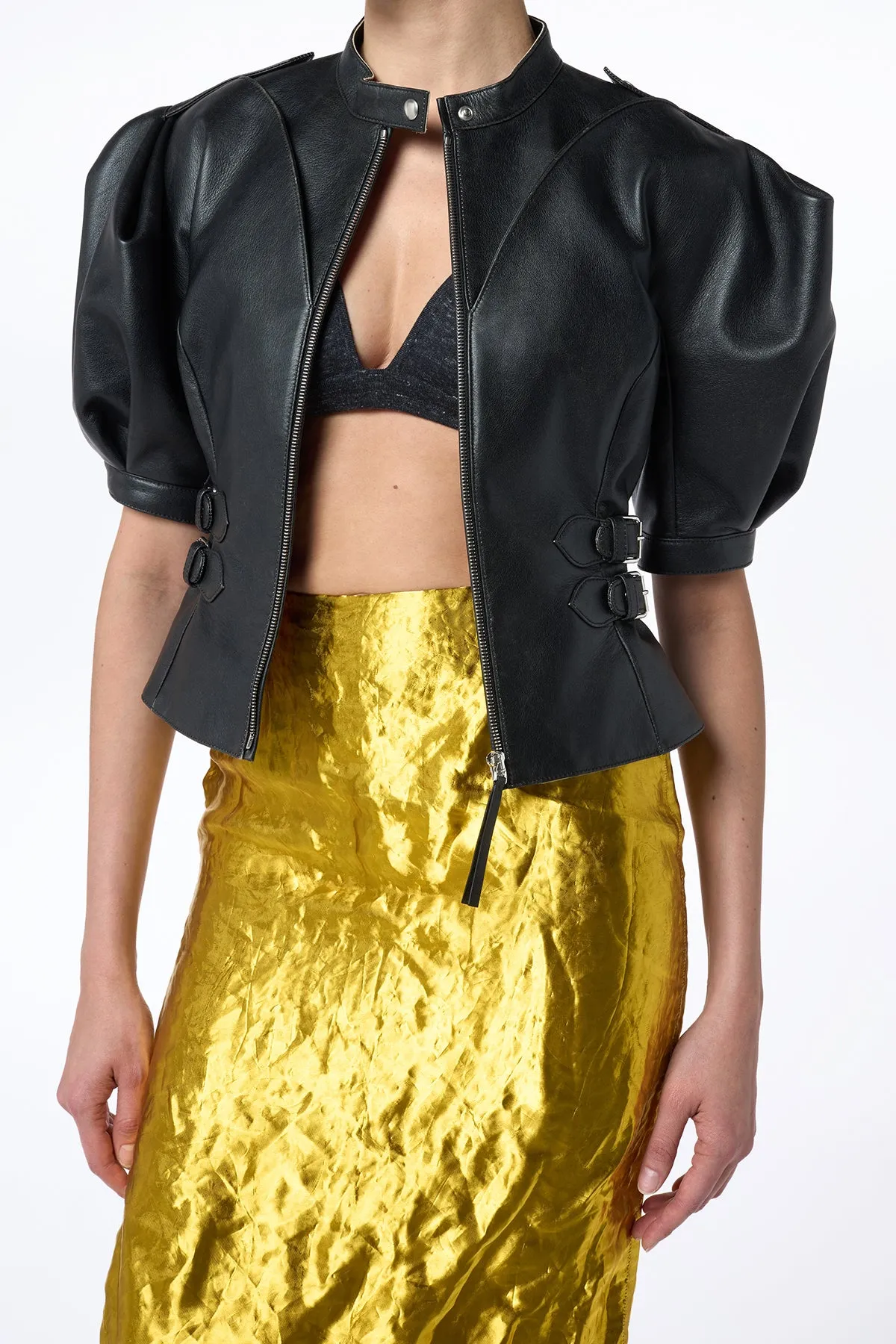 Manuela Midi Skirt in Gold Metallic Silk Bold Details