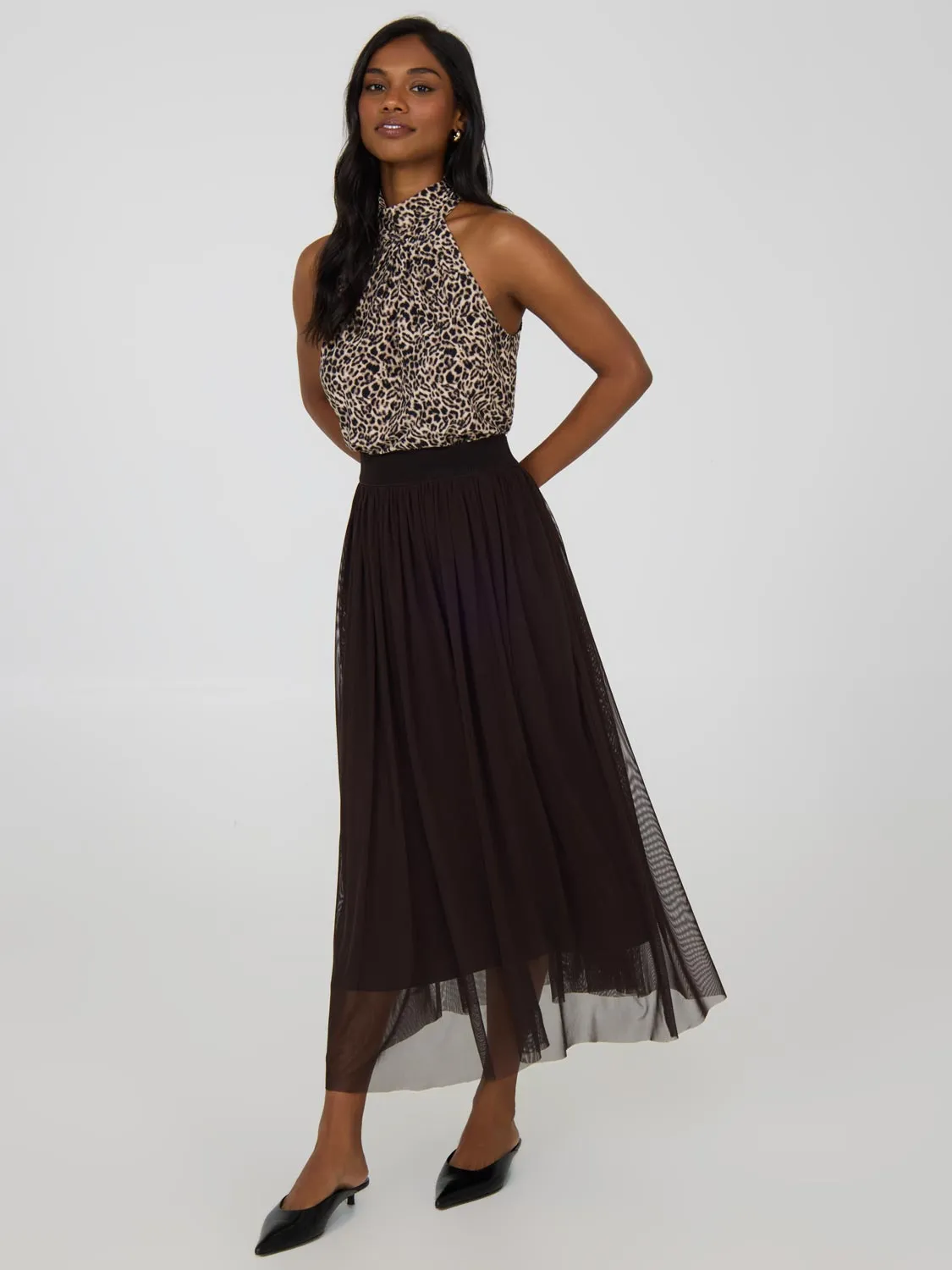 Adjustable drawstring Scalloped Edge Pleated Mesh Skirt