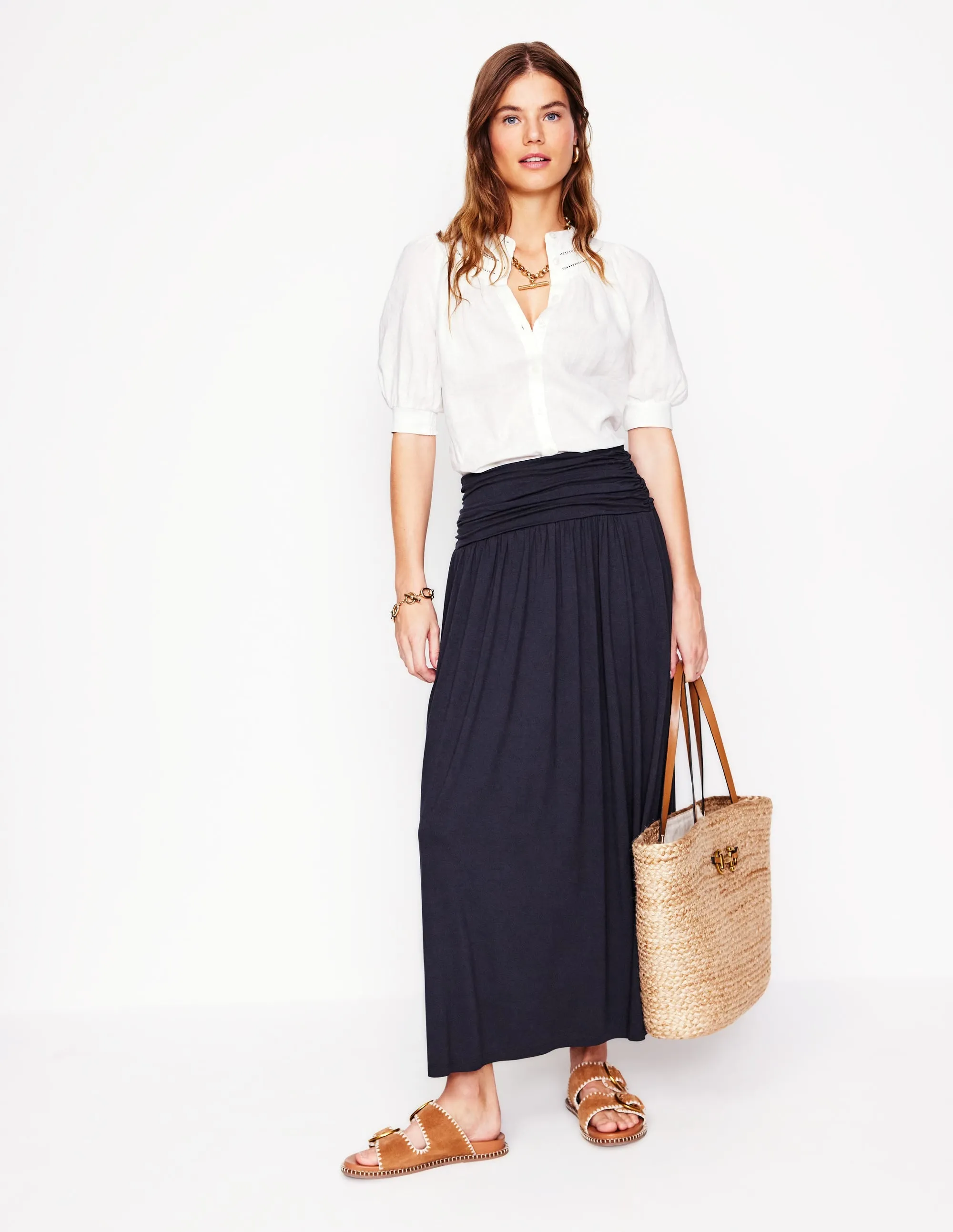 Rosaline Jersey Skirt-Navy Hand Stitched