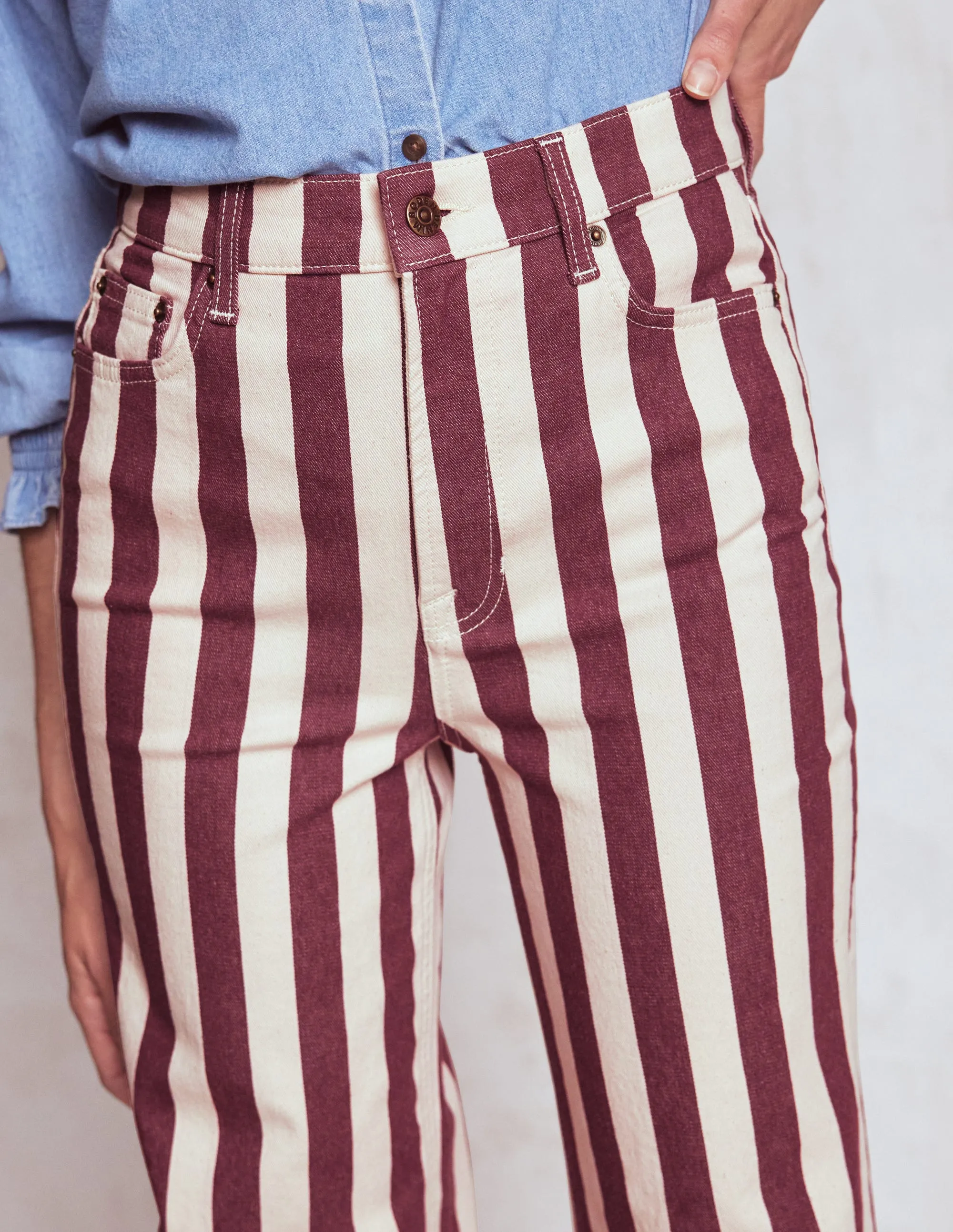 High Rise Column Leg Jeans-Maroon and Ivory Stripe Style Simplicity Wardrobe Fit