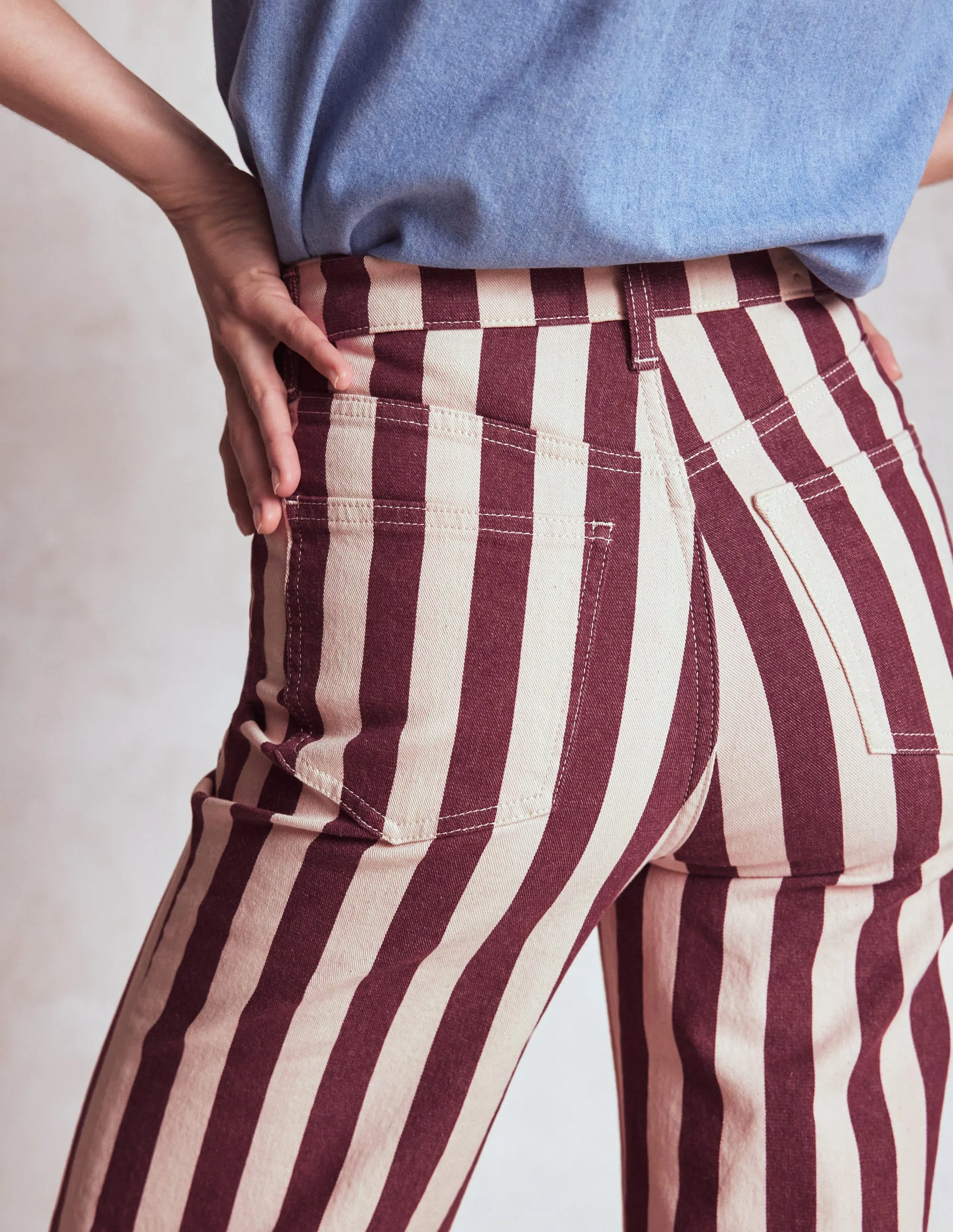 High Rise Column Leg Jeans-Maroon and Ivory Stripe Classic Vibe Daily Look