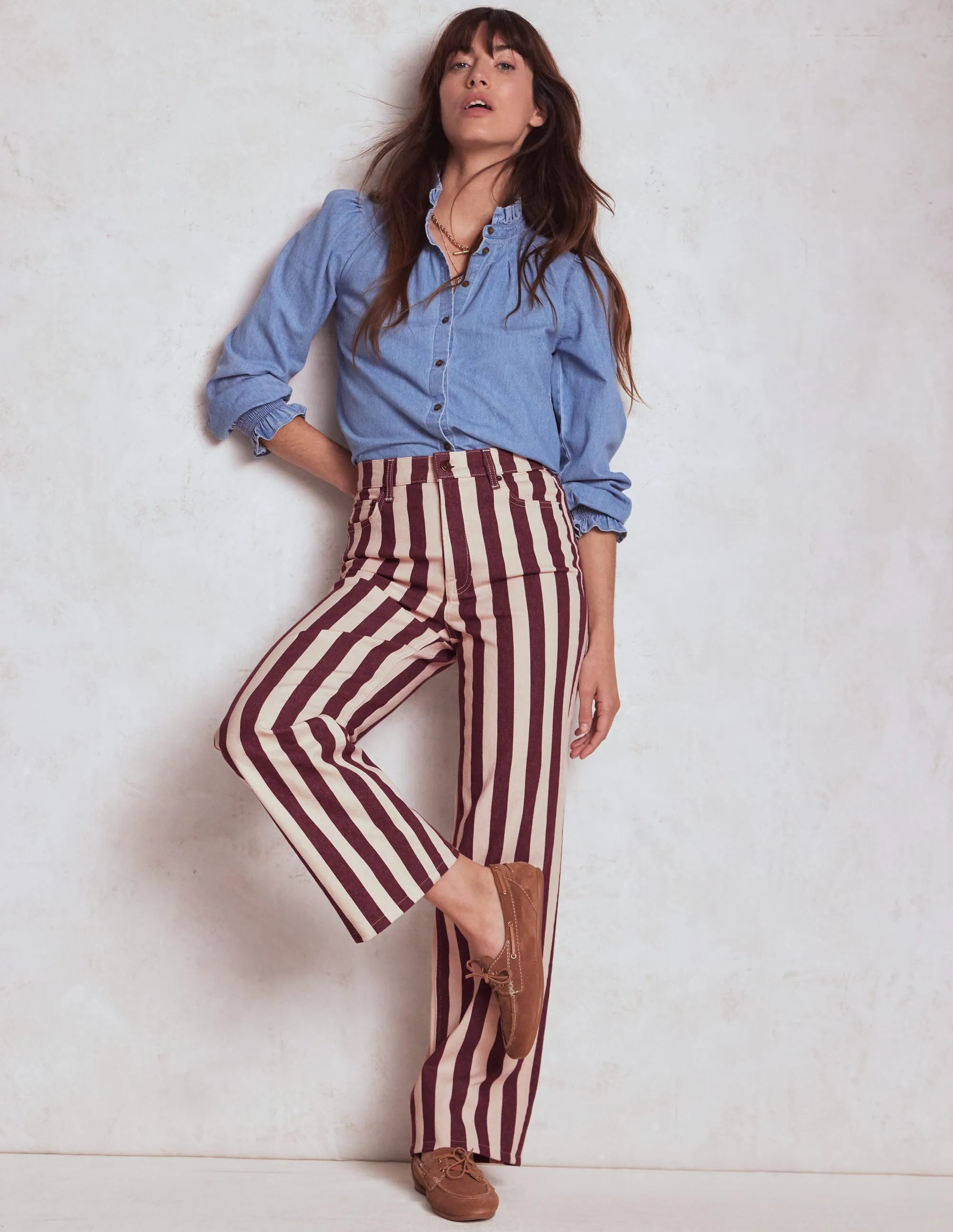 Date Night Daily Wear Straight Cut High Rise Column Leg Jeans-Maroon and Ivory Stripe