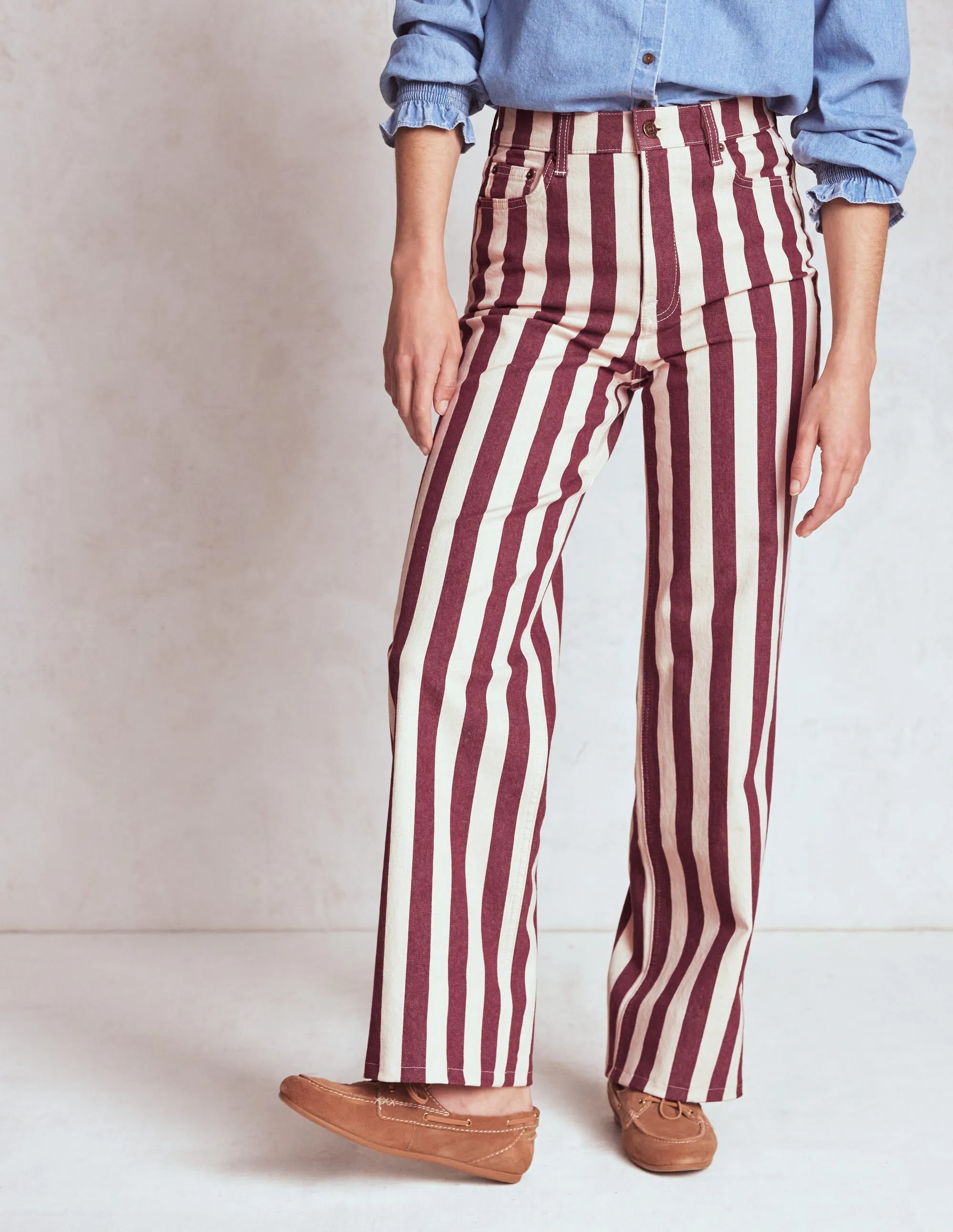 All Season High Rise Column Leg Jeans-Maroon and Ivory Stripe