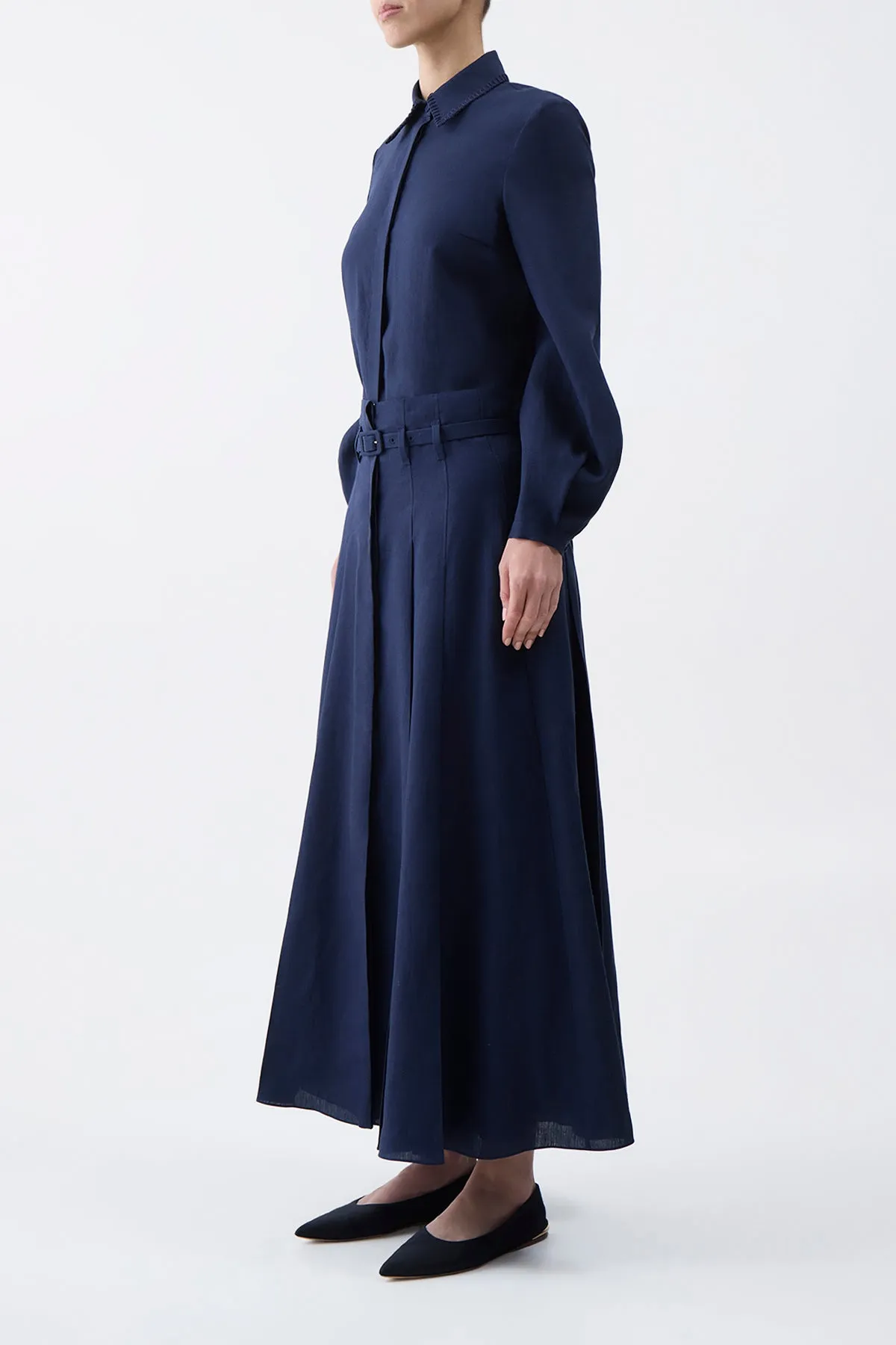 Dugald Pleated Midi Skirt in Navy Aloe Linen Hero Tale Inner Glow