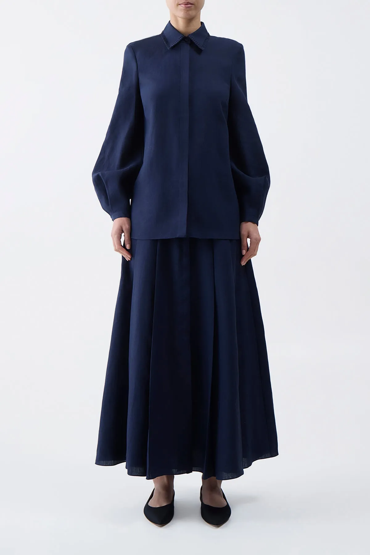 Dugald Pleated Midi Skirt in Navy Aloe Linen VersatileStyle