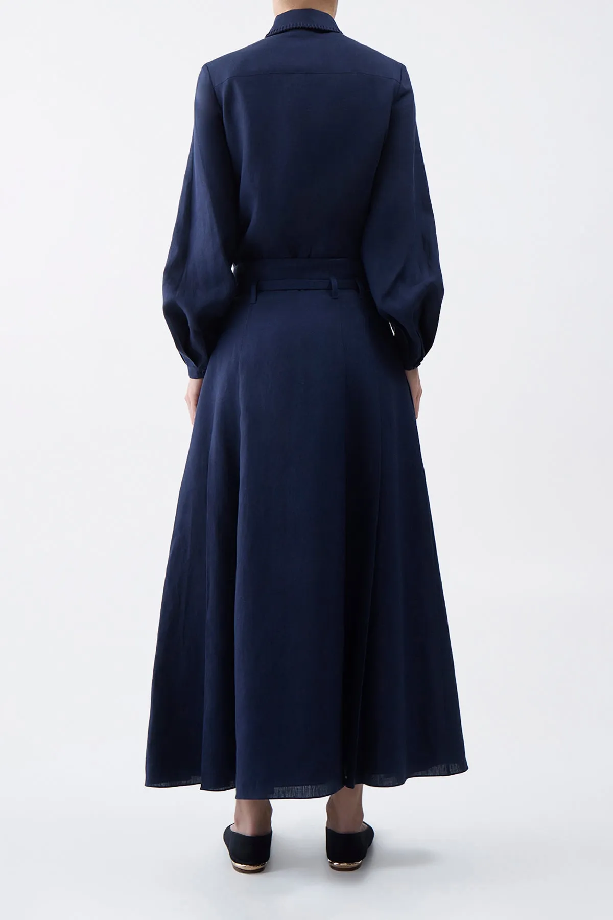 Dugald Pleated Midi Skirt in Navy Aloe Linen Reinforced Hemline Chic casual