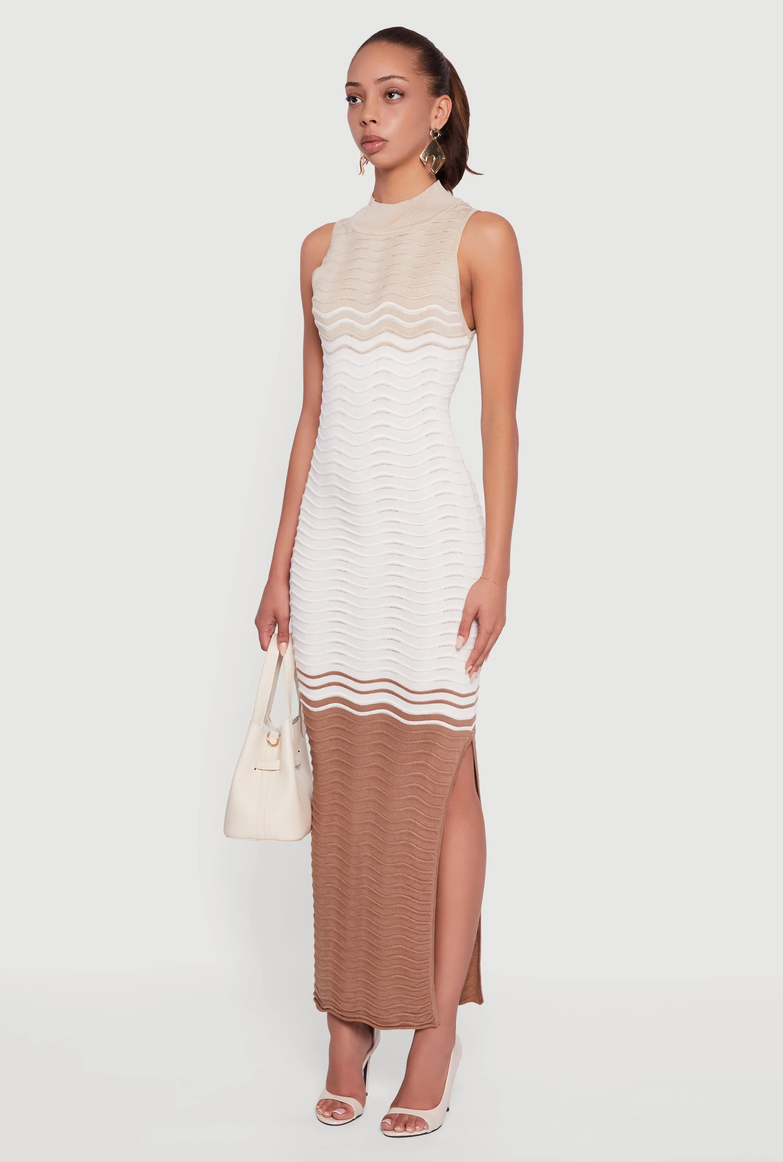 This dress is perfect for transitioning between seasons while still maintaining an elegant look Color Blocked Wavy Stripe Side Slit Maxi Dress