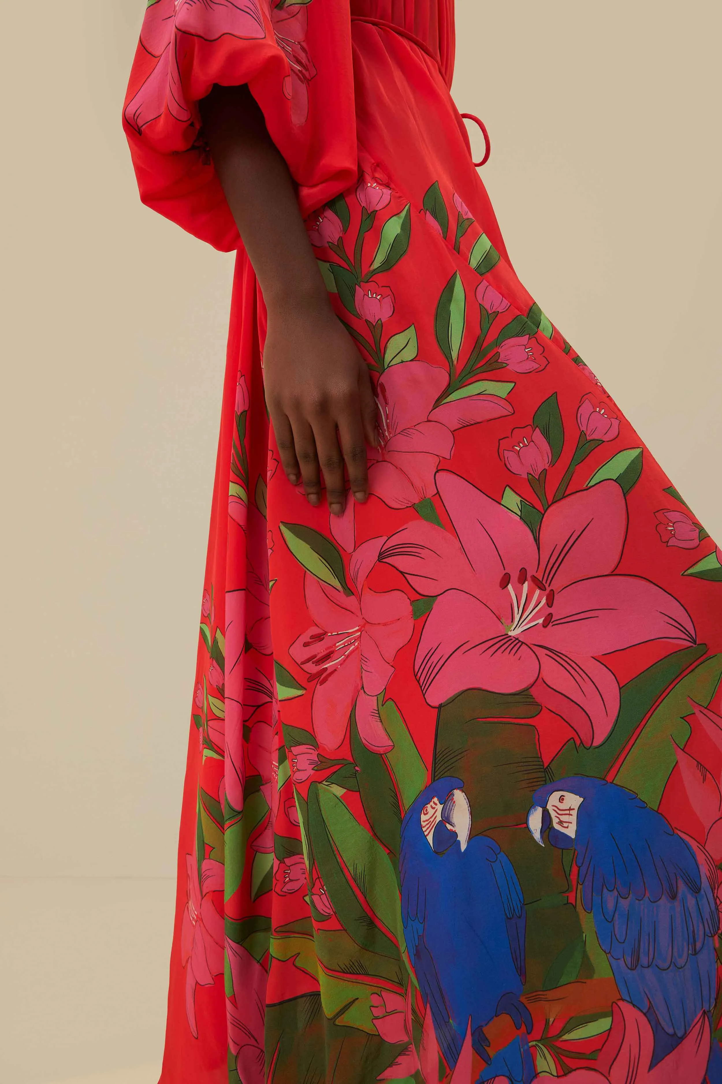 Flow River Red Summer Foliage Scarf Maxi Dress