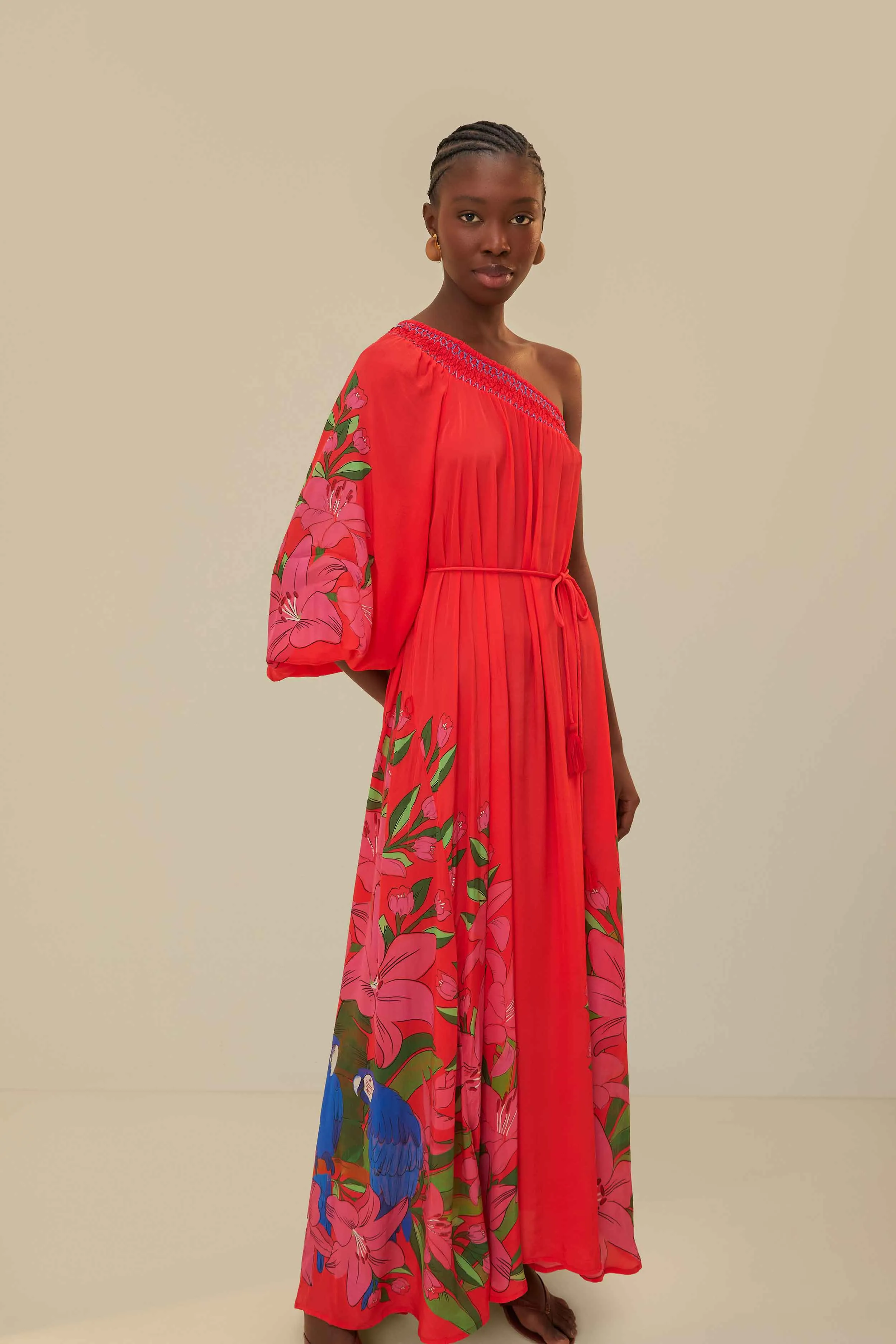 Morning Glow Red Summer Foliage Scarf Maxi Dress