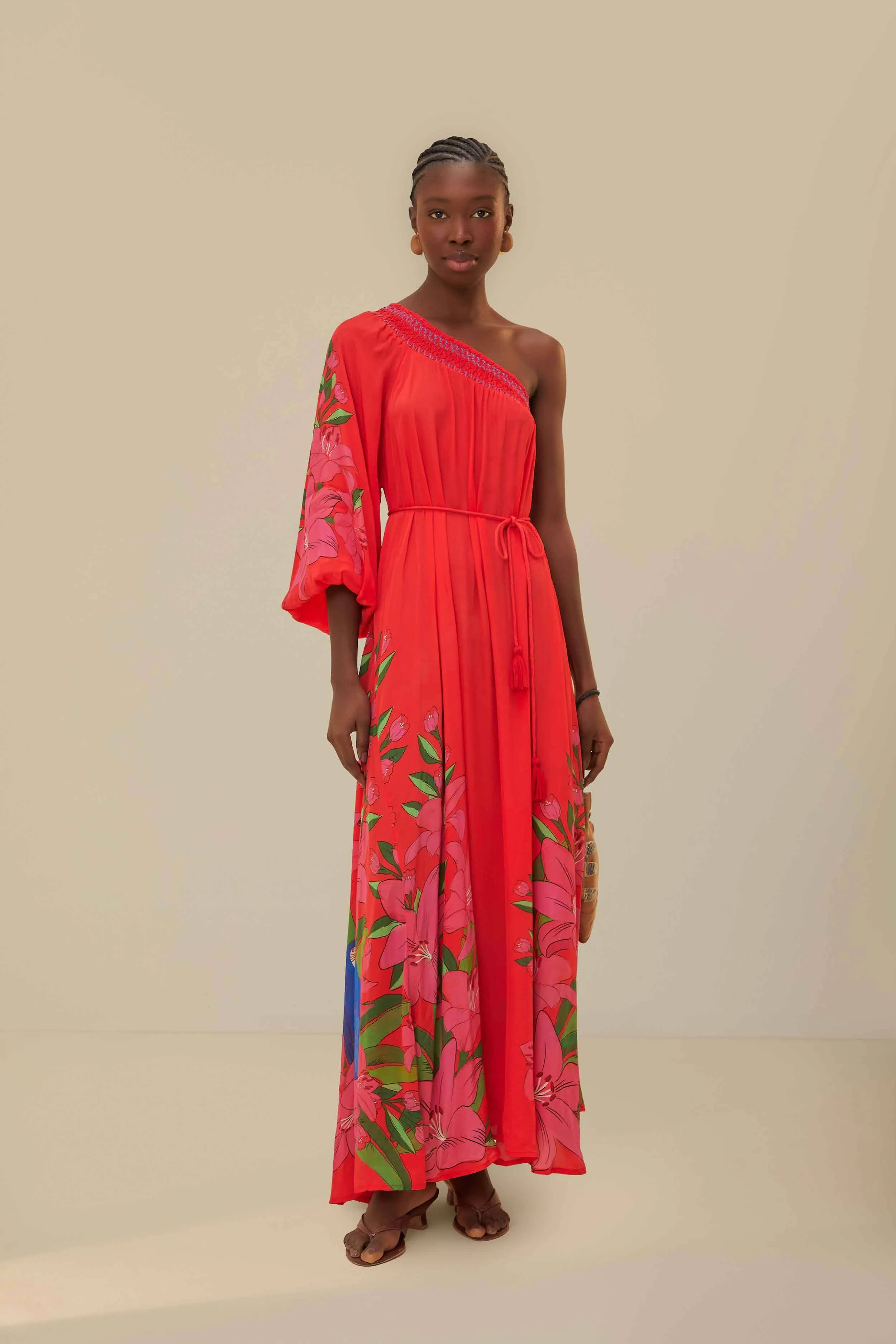 Print Art Modern Edge Red Summer Foliage Scarf Maxi Dress