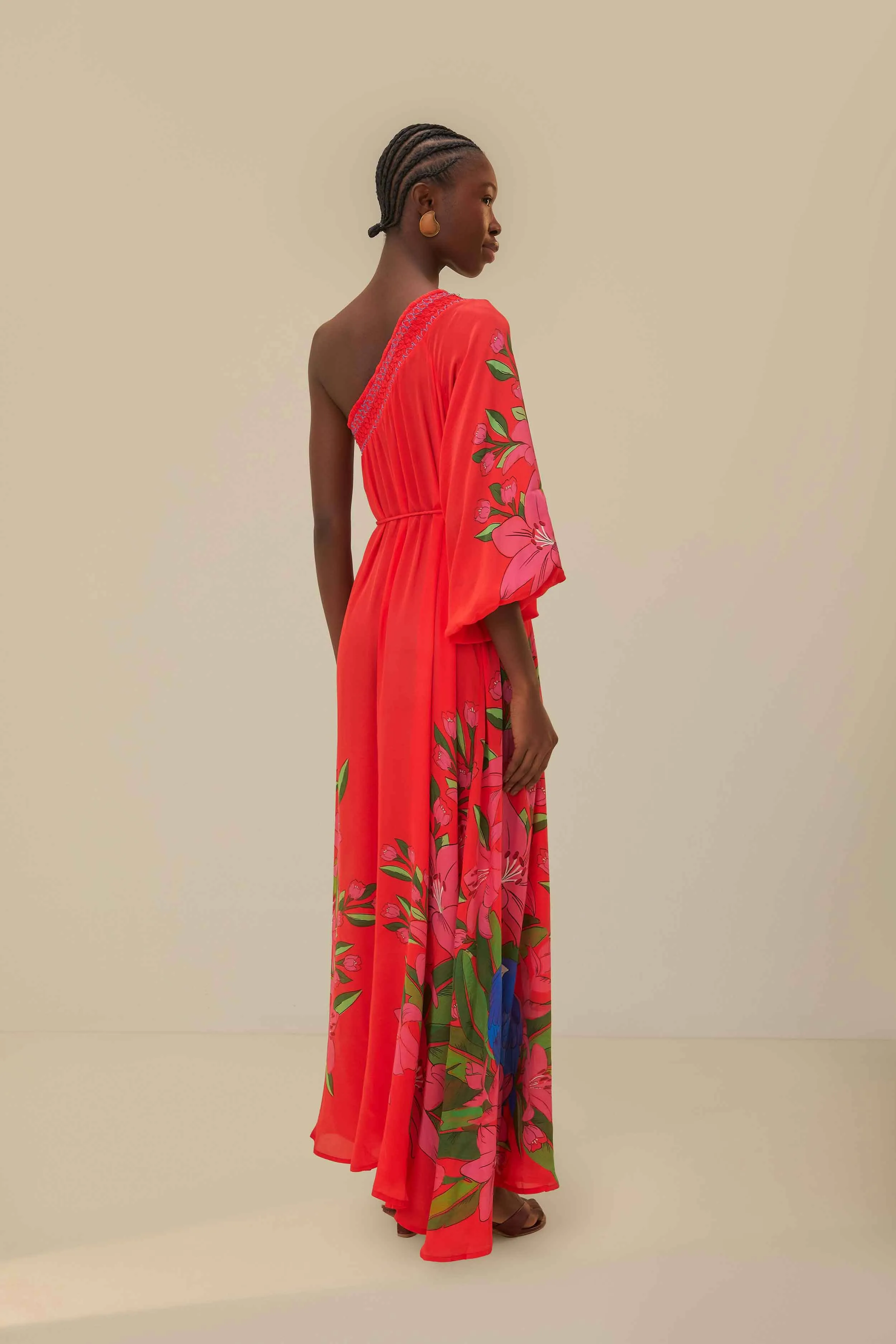 Red Summer Foliage Scarf Maxi Dress Milky Glow Floral Mood