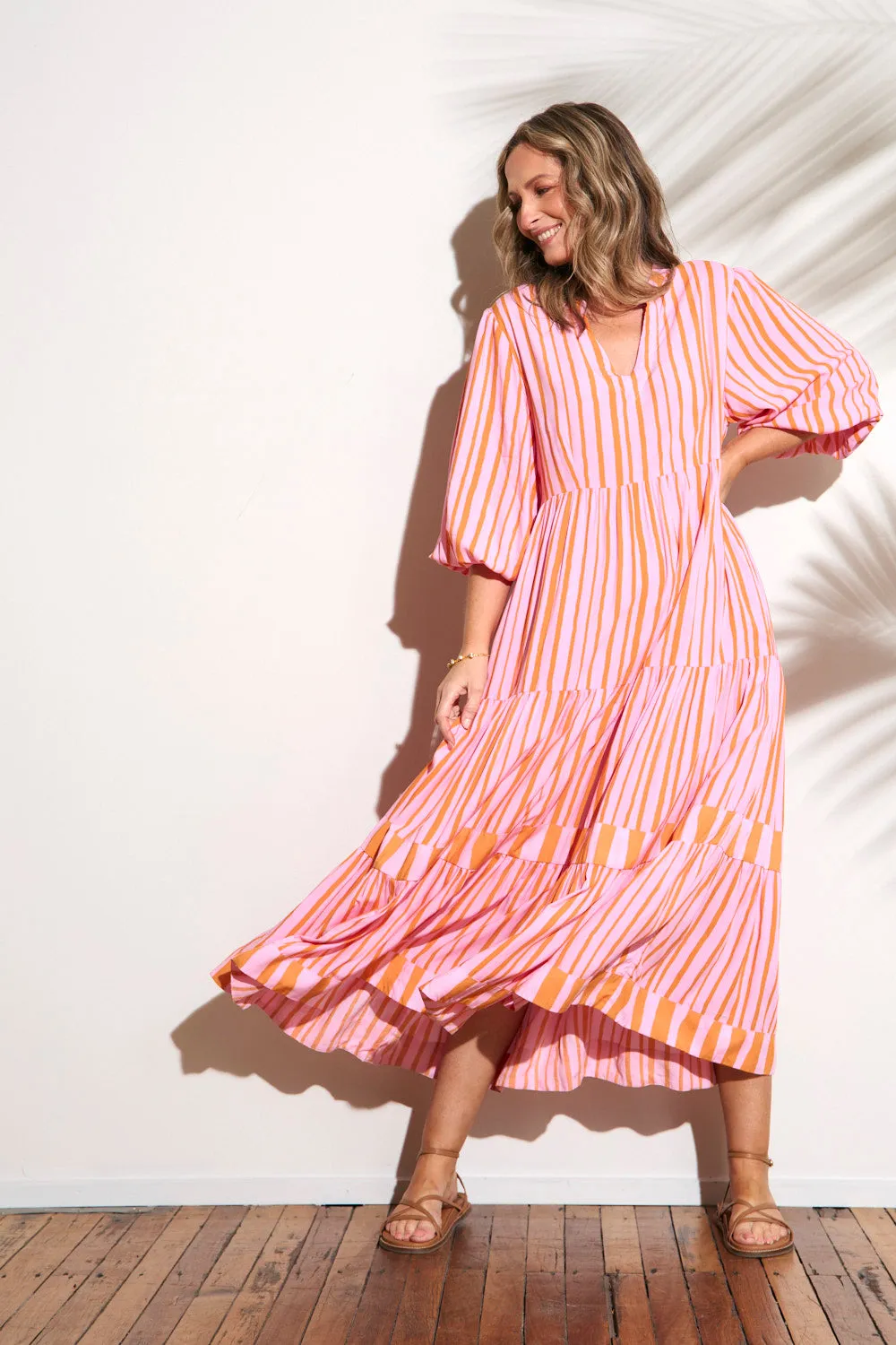 Comfortable chic maxi Minimalist long piece Sabre V-Neck Dress in Coral Spring