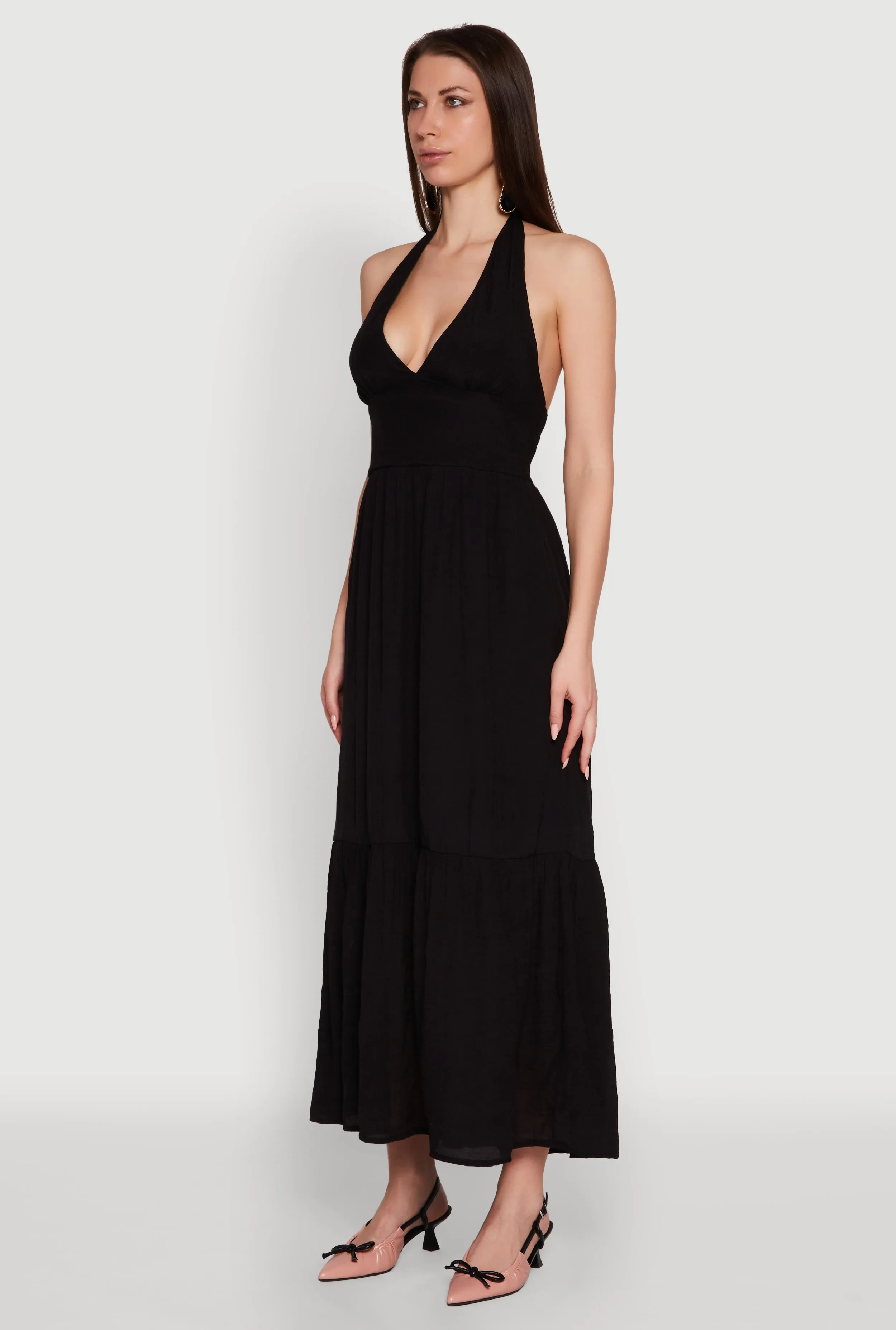 Elegant Gauze Knit Halter Neck Tiered Dress Dye Art Paper Glow