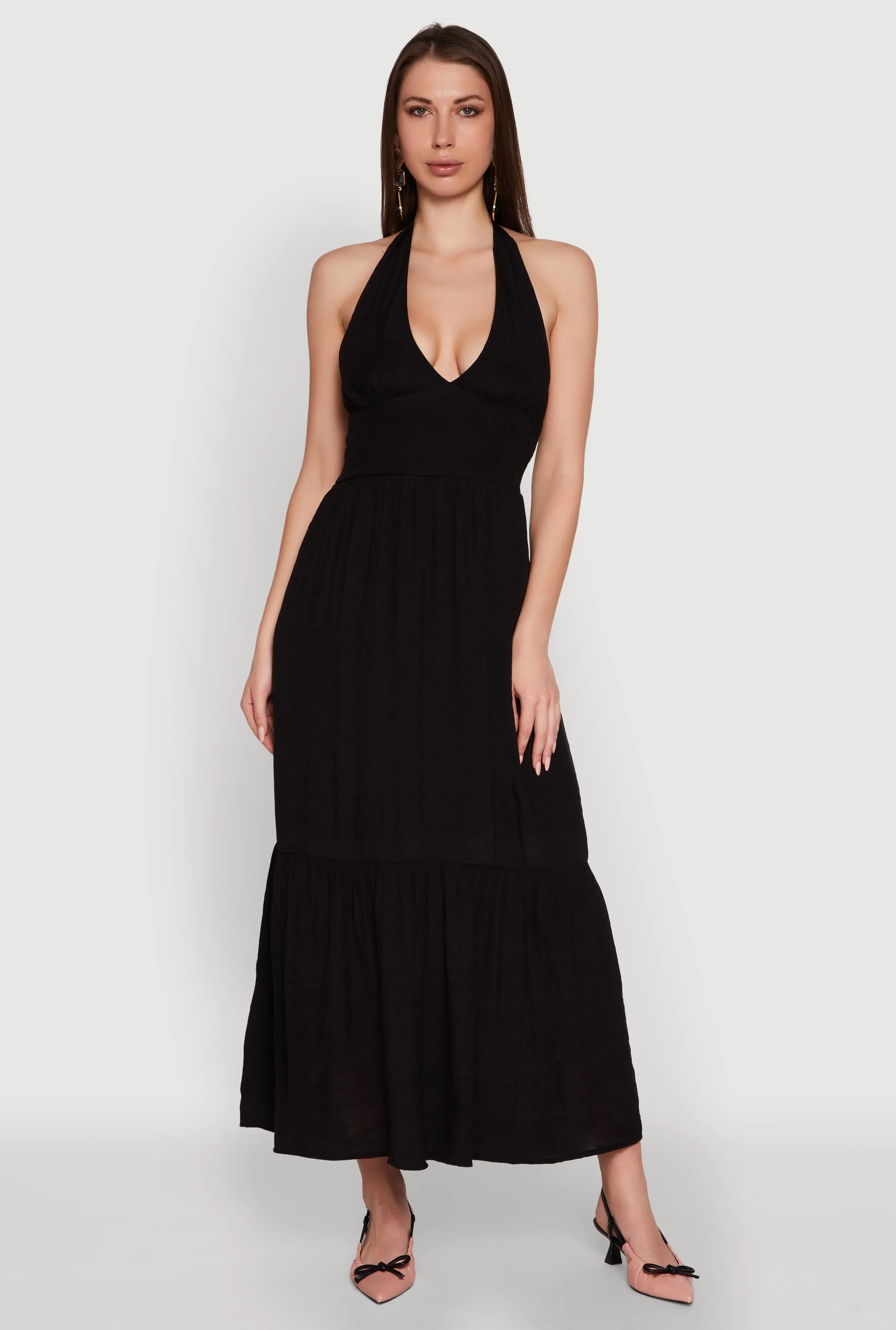 Life Soft Elegant Gauze Knit Halter Neck Tiered Dress