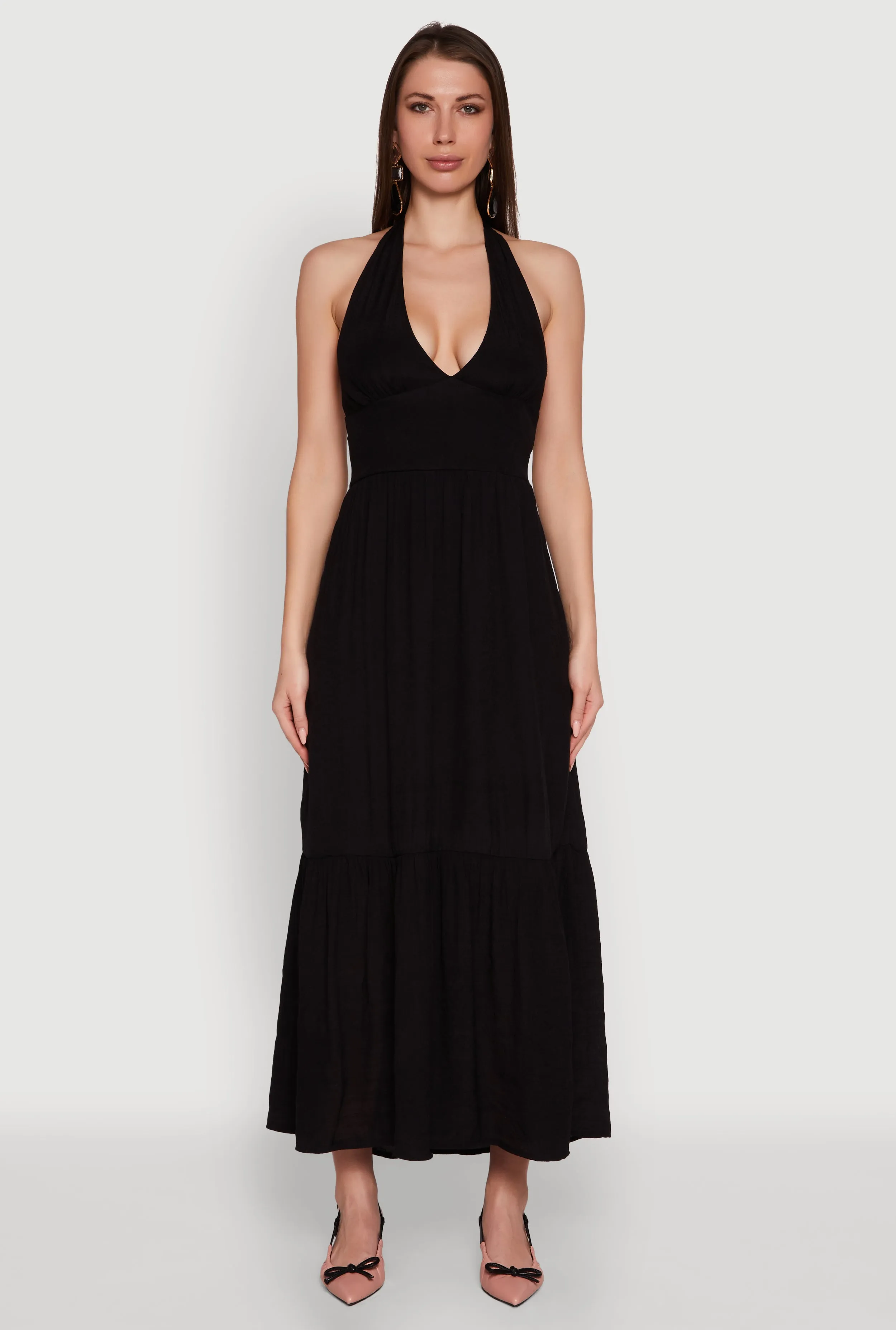 Elegant Gauze Knit Halter Neck Tiered Dress Room Glow