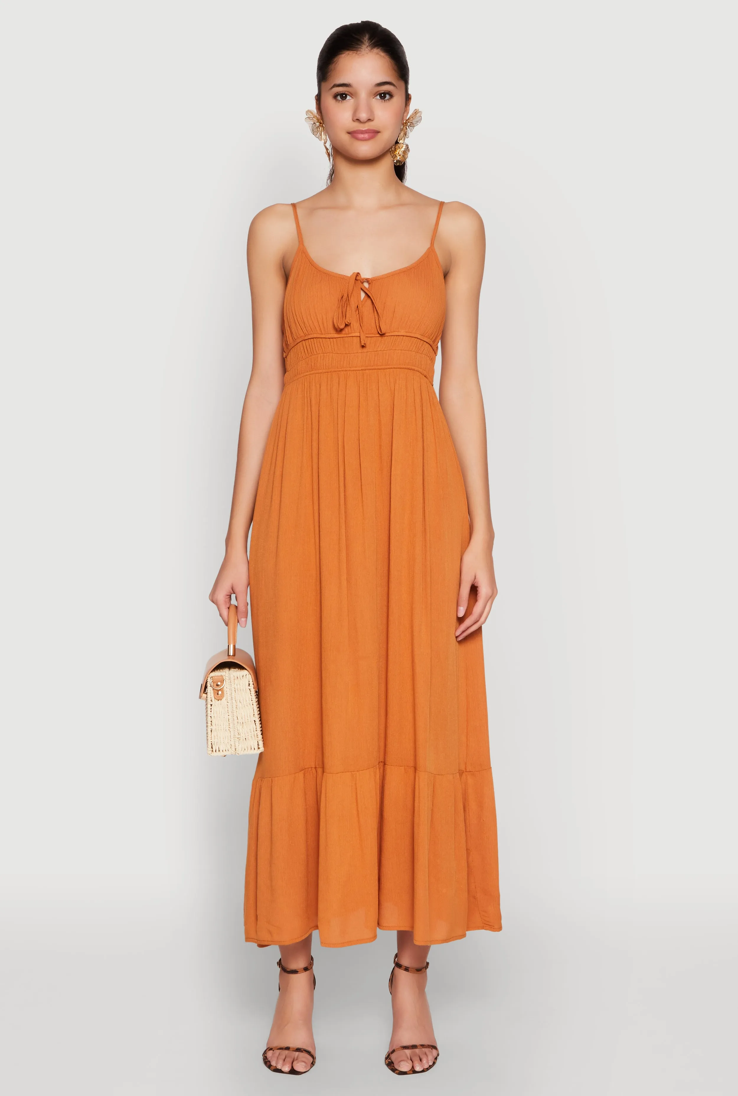 Elegant dress for evening Earth Brown Tie Front Keyhole Maxi Dress