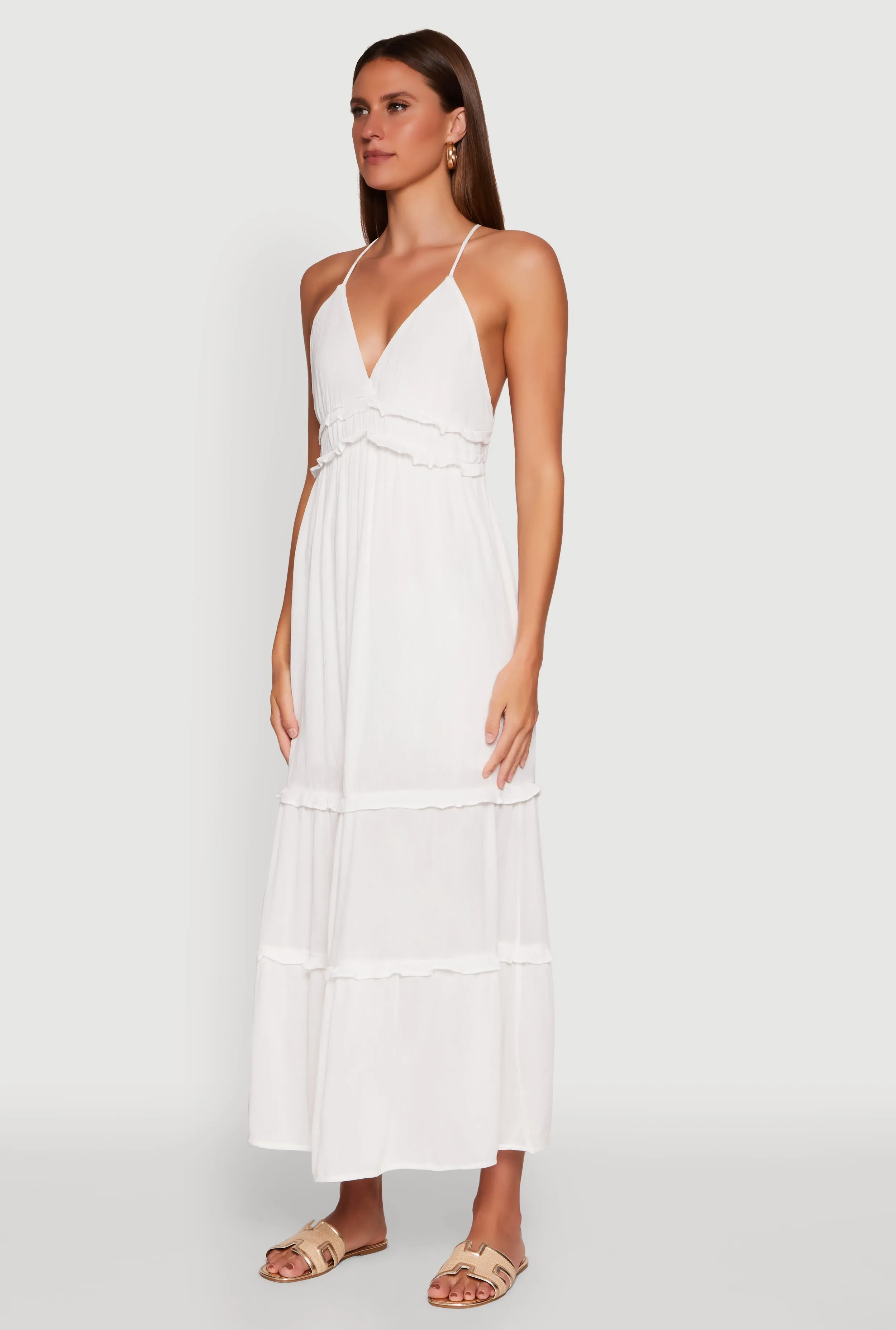 Calm Mind This dress creates a flattering silhouette while remaining breathable and comfortable Gauze Knit Sleeveless Maxi Tiered Sundress