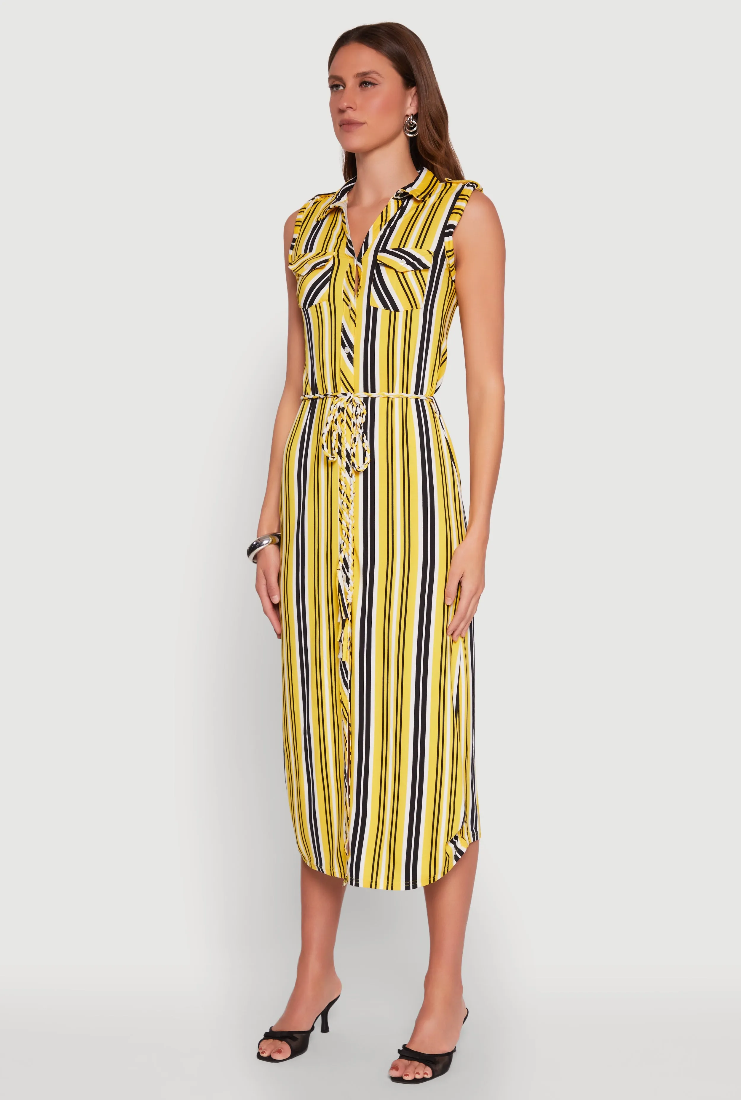 Cream Tone Voile Light Sleeveless Striped Shirt Dress