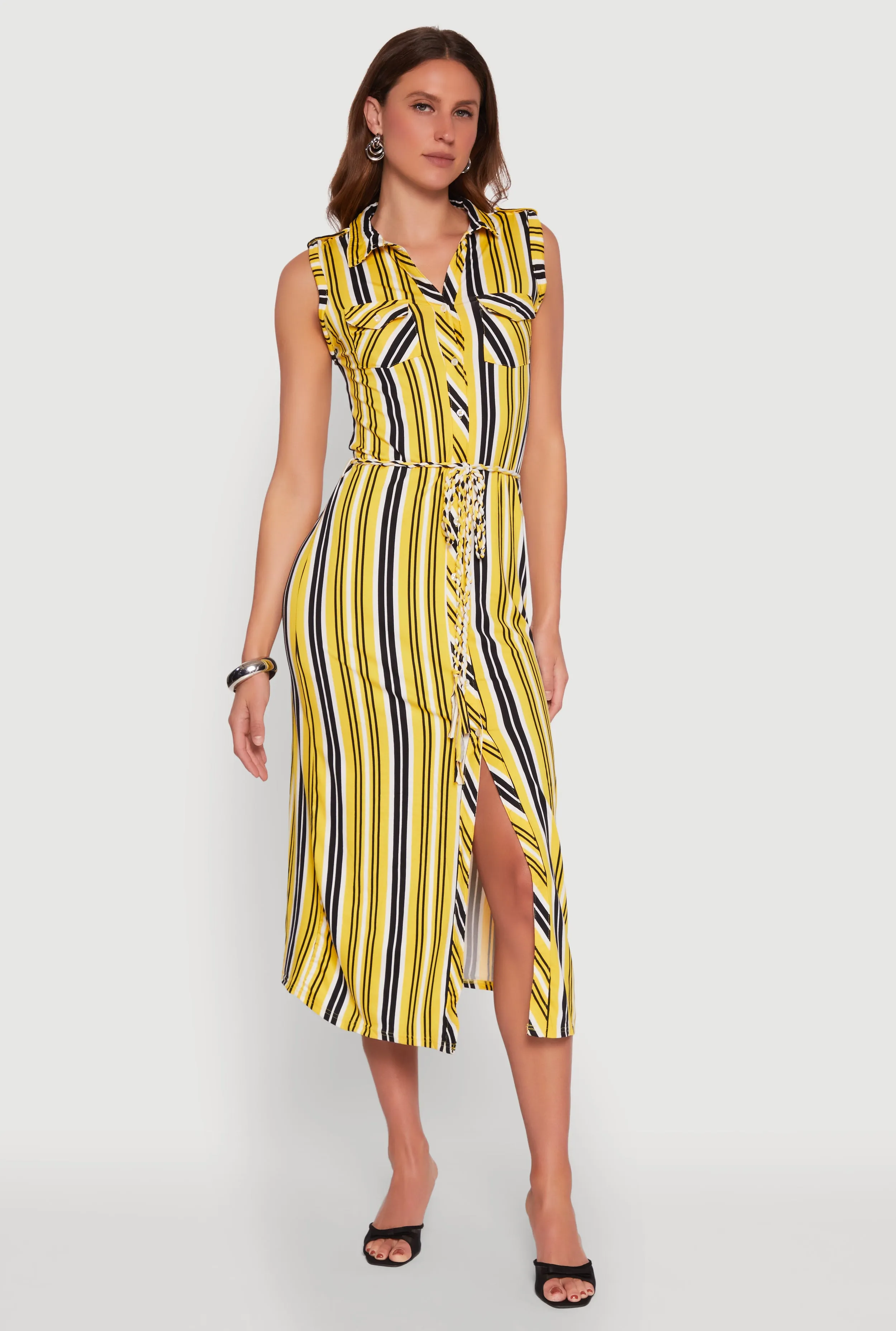 Sleeveless Striped Shirt Dress Navy Tone