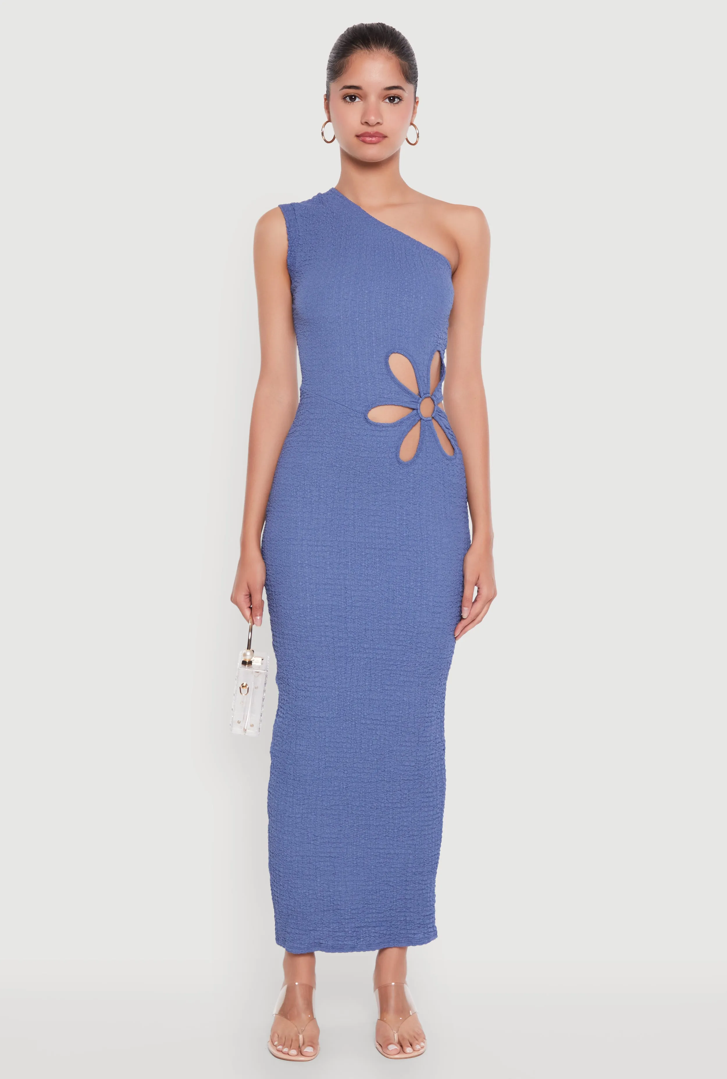 Trendy One Shoulder Flower Cut Out Maxi Dress Morning Mist